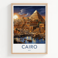 Cairo Poster - Egypt Travel Art - Pyramid Riverbank Evening Home Decor
