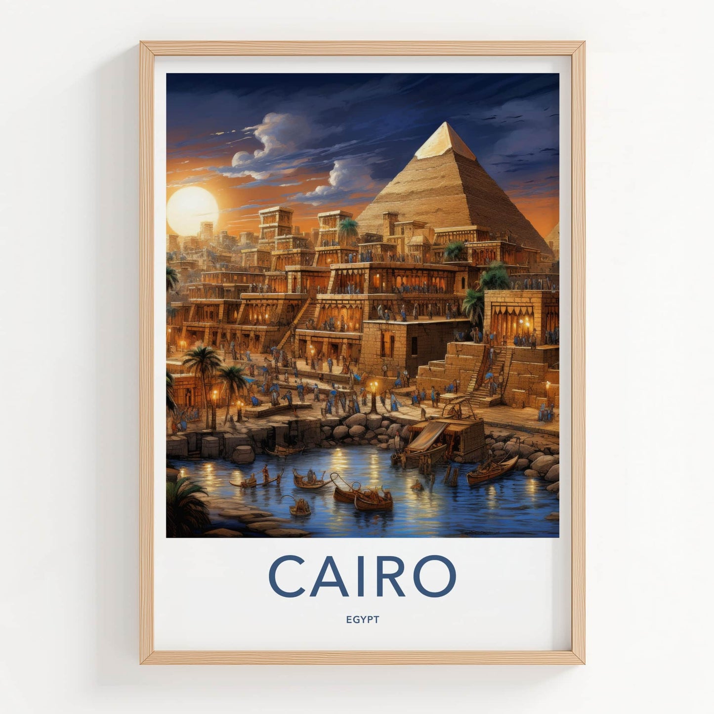 Cairo Poster - Egypt Travel Art - Pyramid Riverbank Evening Home Decor