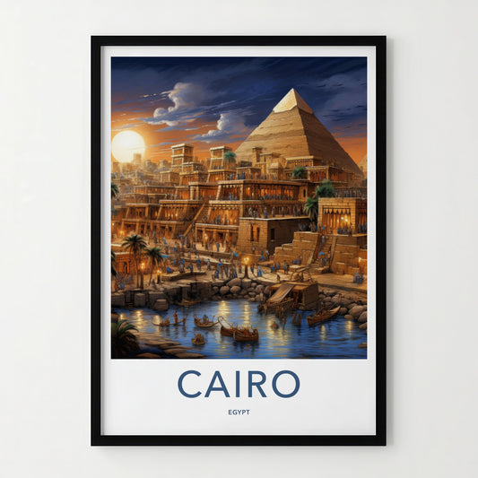 Cairo Poster - Egypt Travel Art - Pyramid Riverbank Evening Home Decor