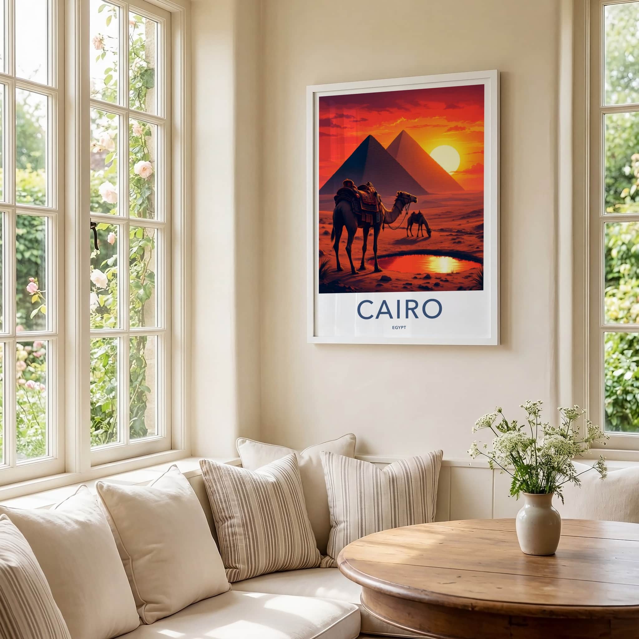 Cairo Poster - Egypt Travel Art - Pyramids Camel Oasis Home Decor