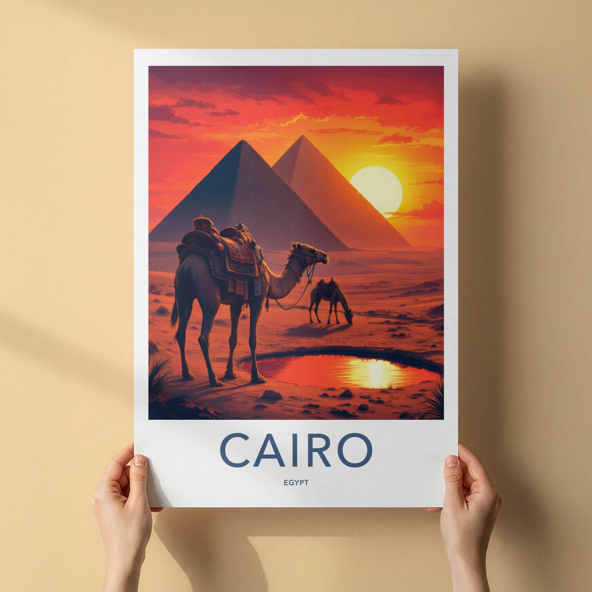 Cairo Poster - Egypt Travel Art - Pyramids Camel Oasis Home Decor