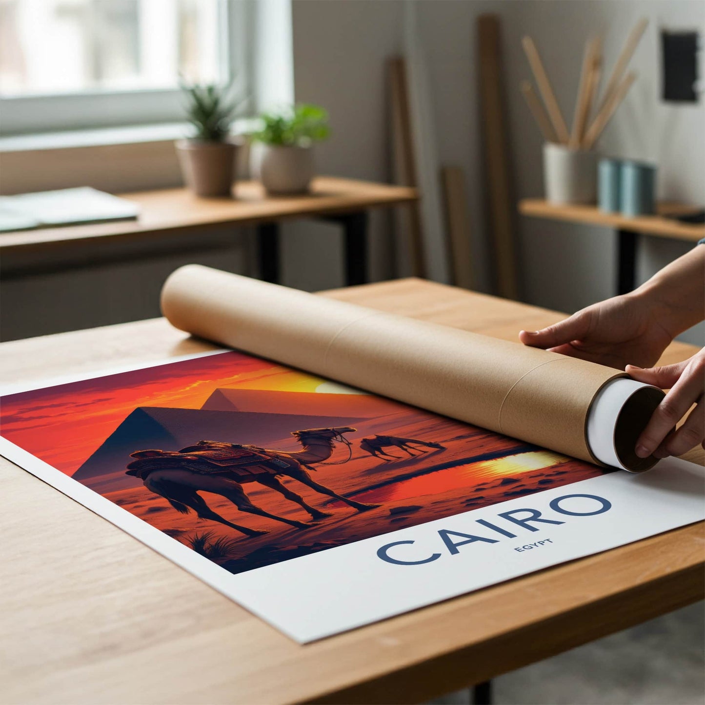 Cairo Poster - Egypt Travel Art - Pyramids Camel Oasis Home Decor