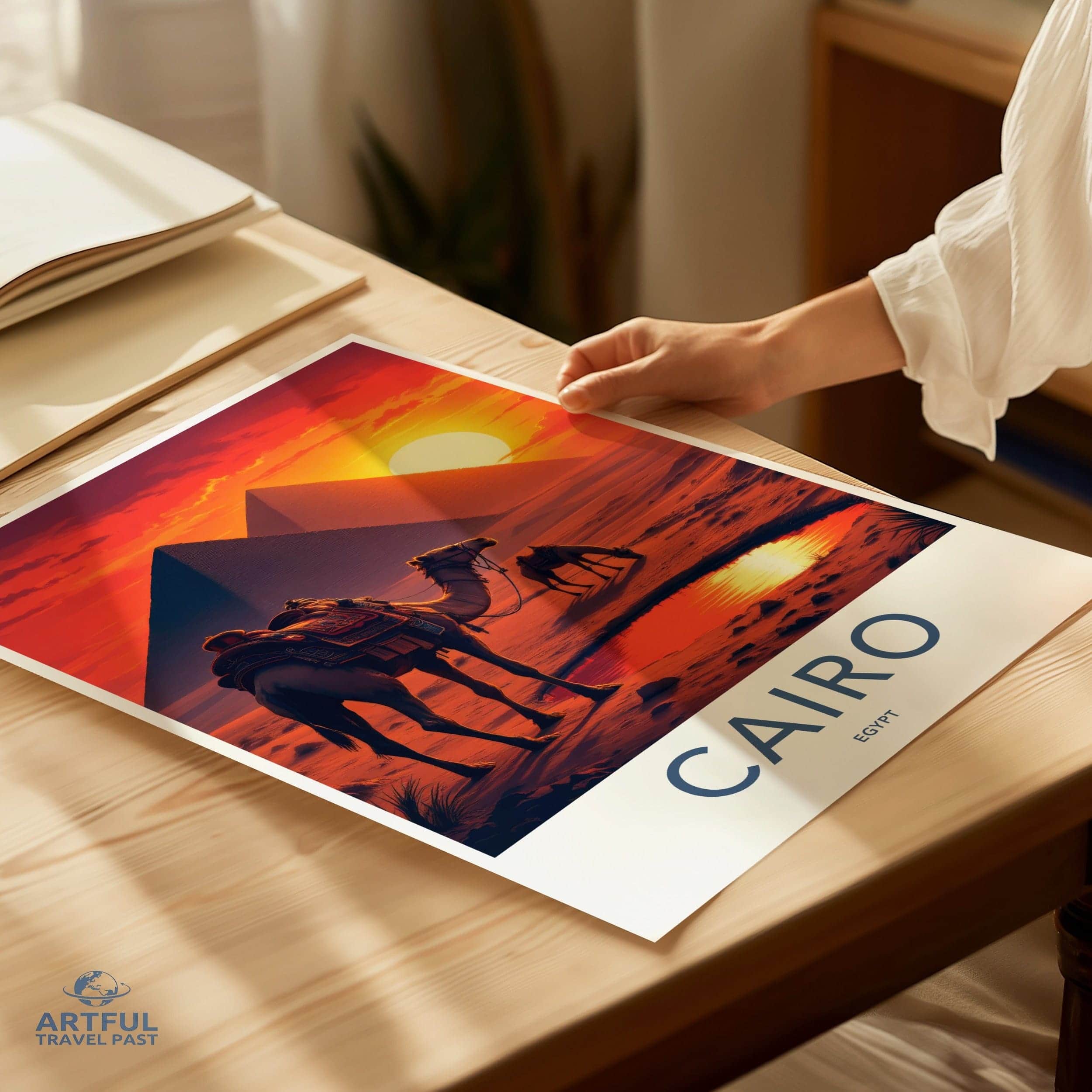 Cairo Poster - Egypt Travel Art - Pyramids Camel Oasis Home Decor