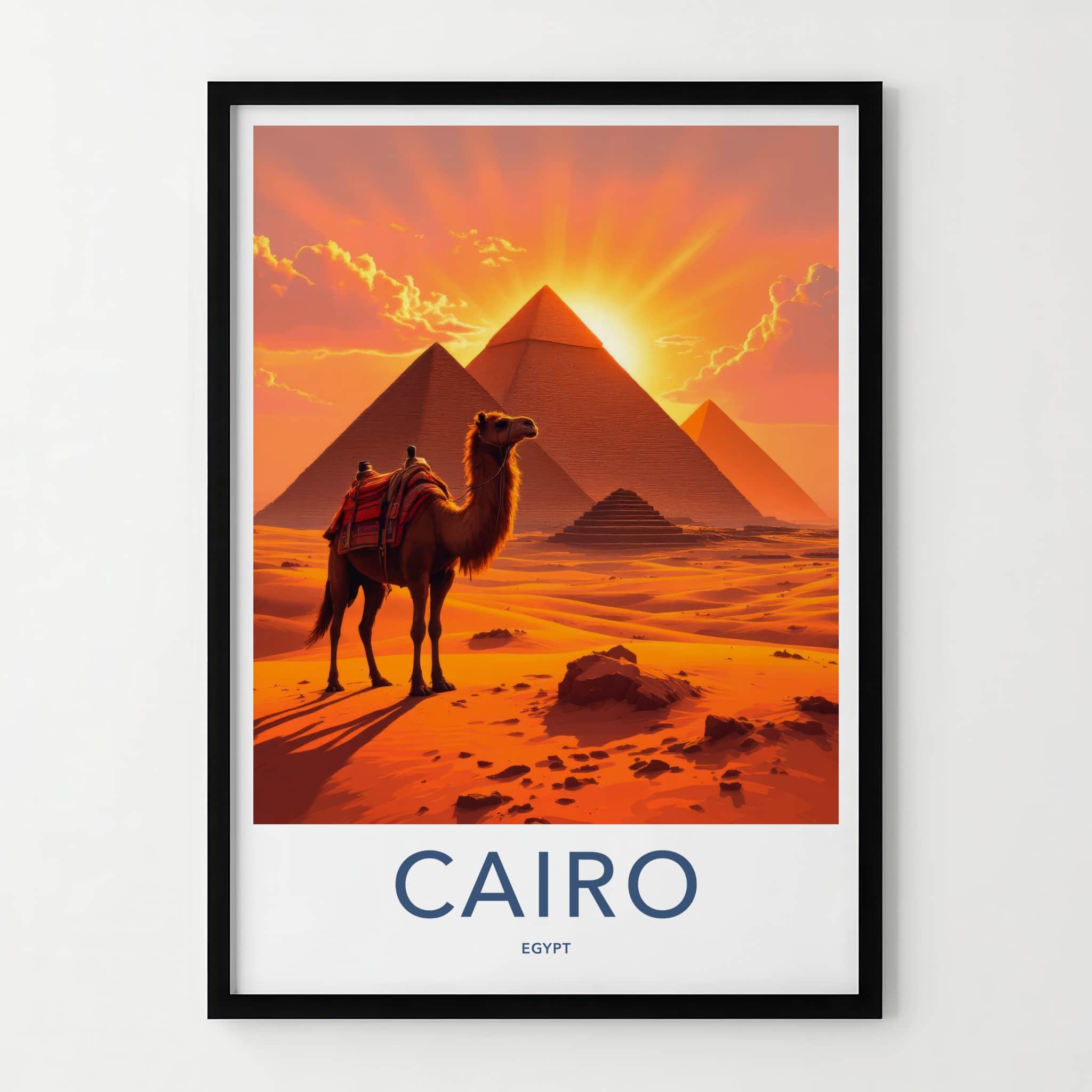 Cairo Poster - Egypt Travel Art - Pyramids Camel Sunset Home Decor