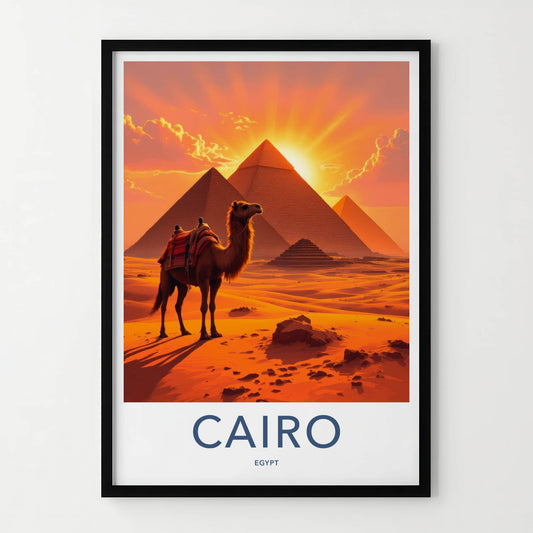 Cairo Poster - Egypt Travel Art - Pyramids Camel Sunset Home Decor