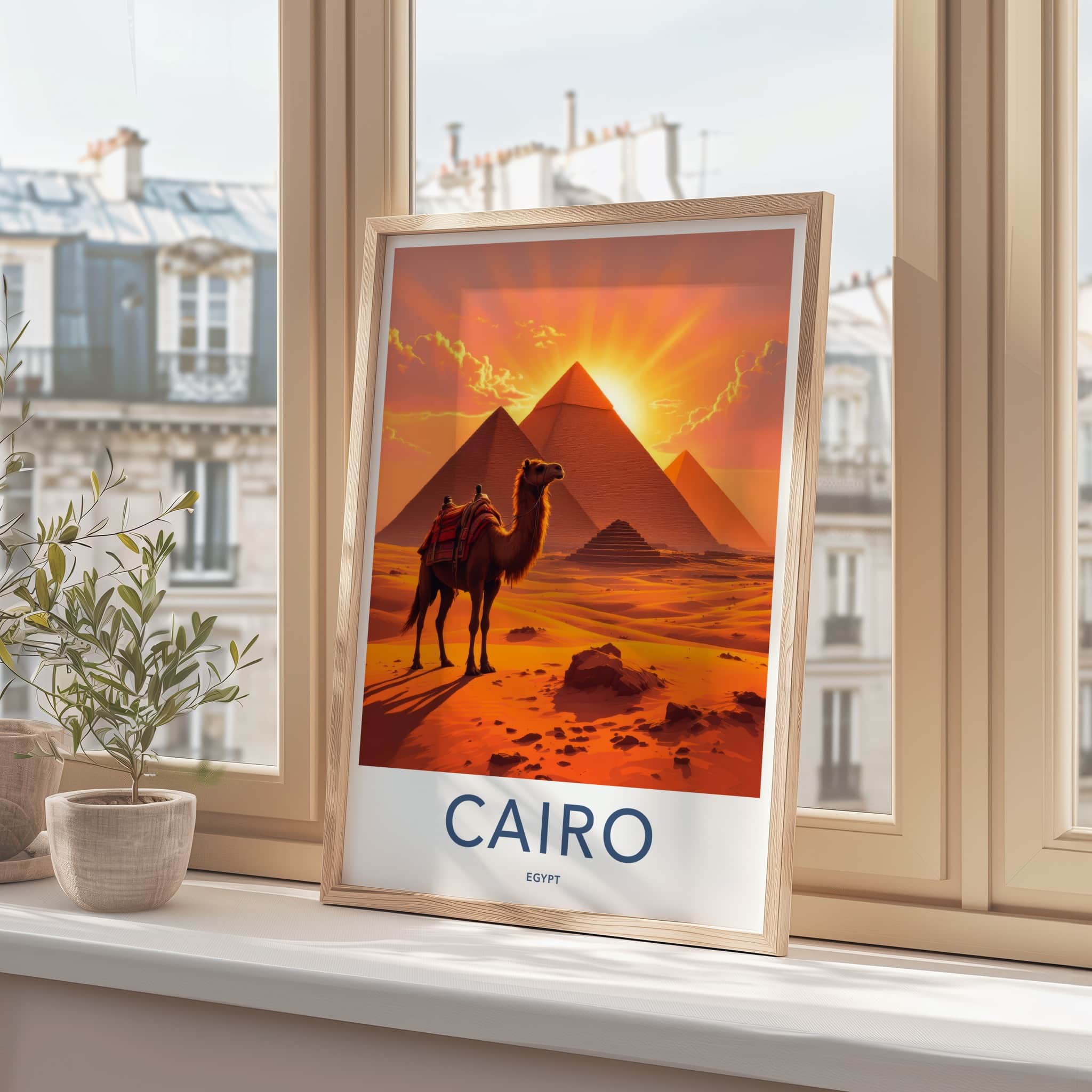 Cairo Poster - Egypt Travel Art - Pyramids Camel Sunset Home Decor