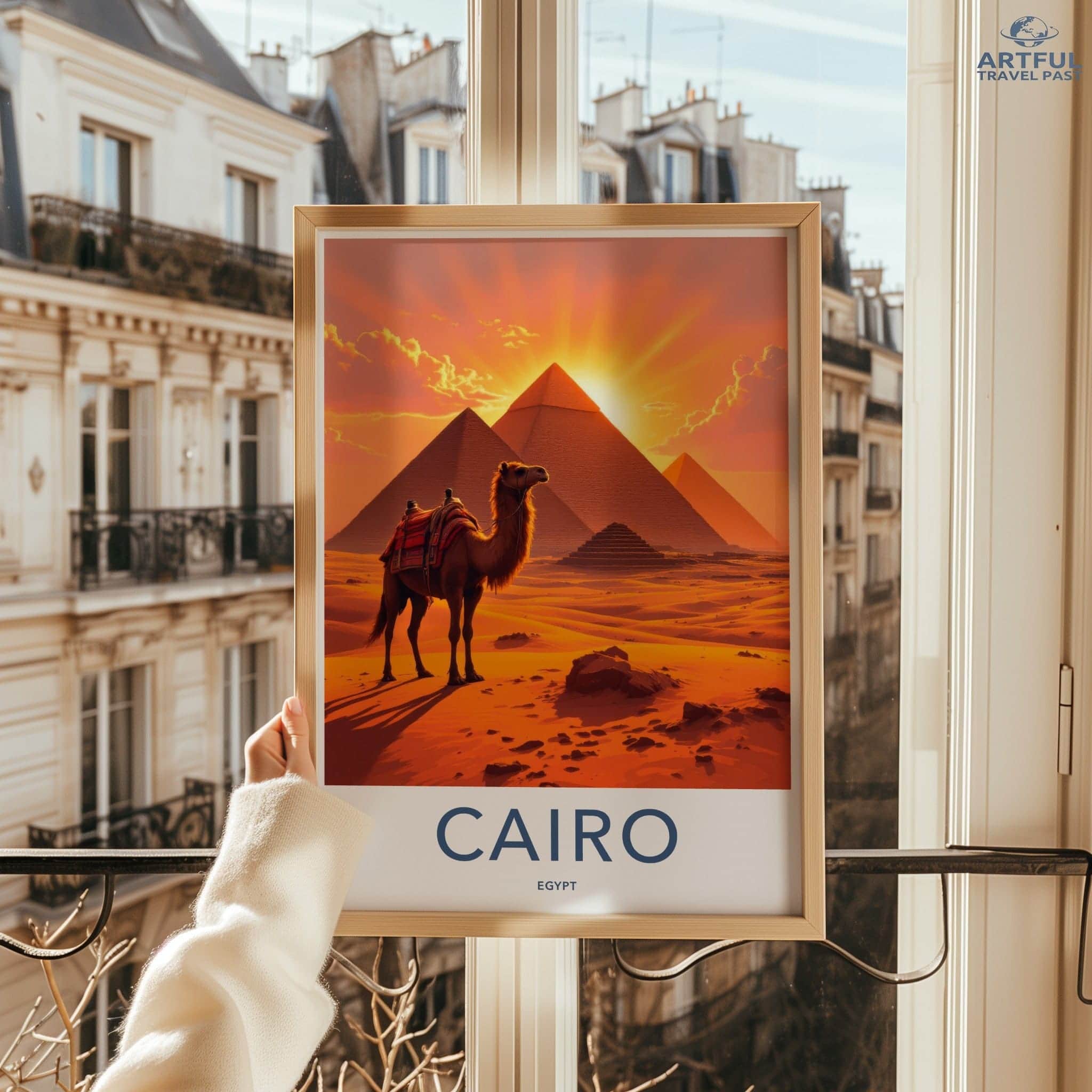 Cairo Poster - Egypt Travel Art - Pyramids Camel Sunset Home Decor