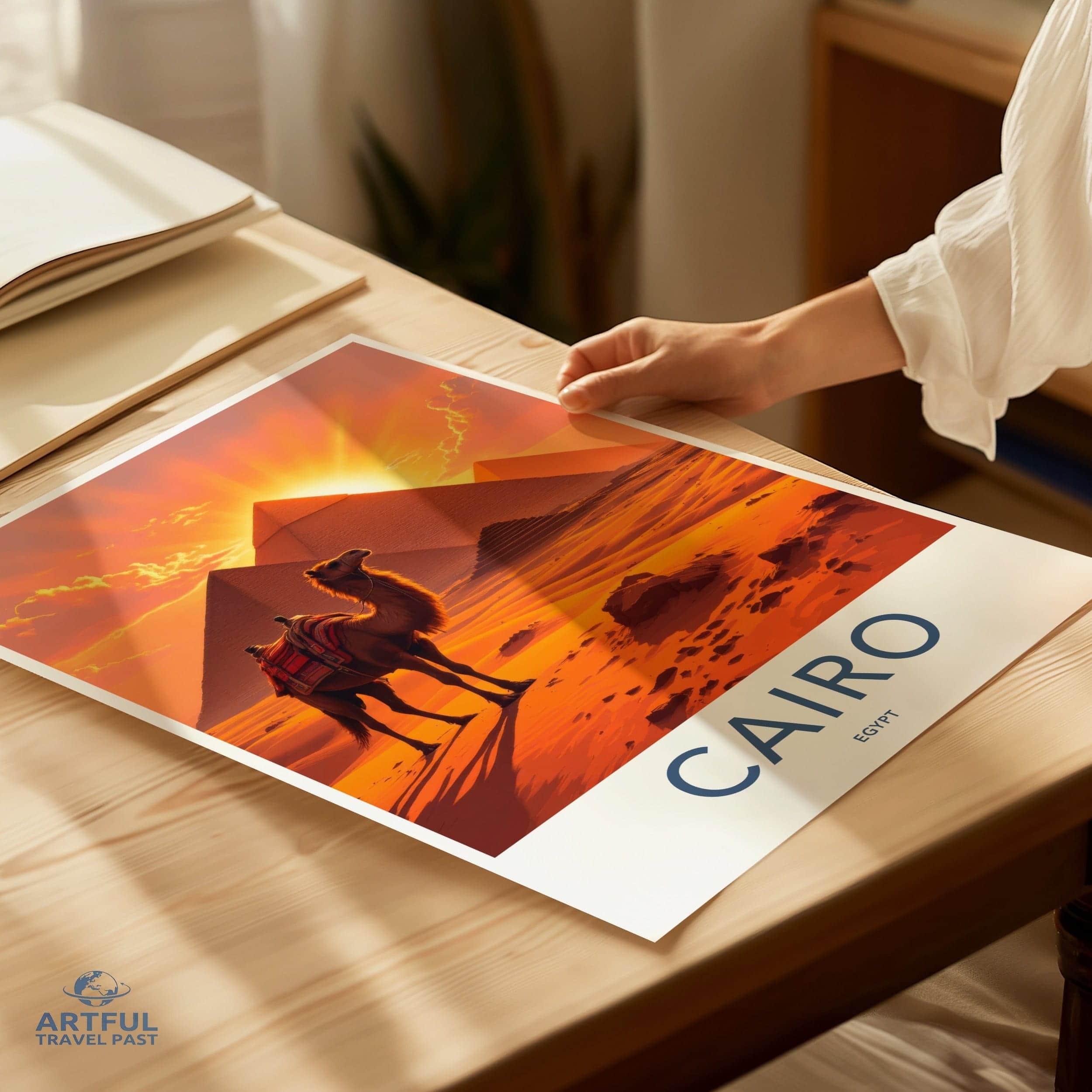 Cairo Poster - Egypt Travel Art - Pyramids Camel Sunset Home Decor