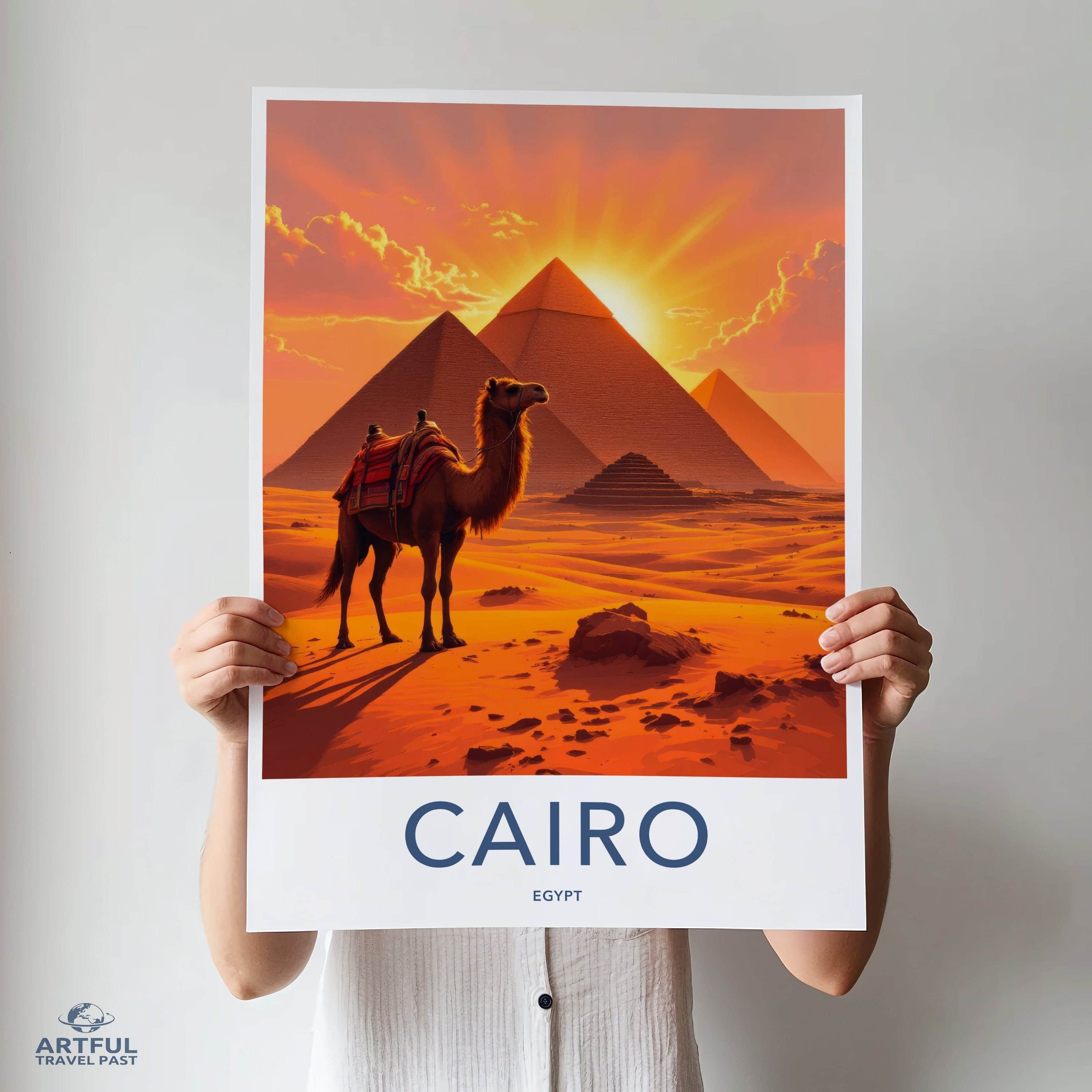 Cairo Poster - Egypt Travel Art - Pyramids Camel Sunset Home Decor