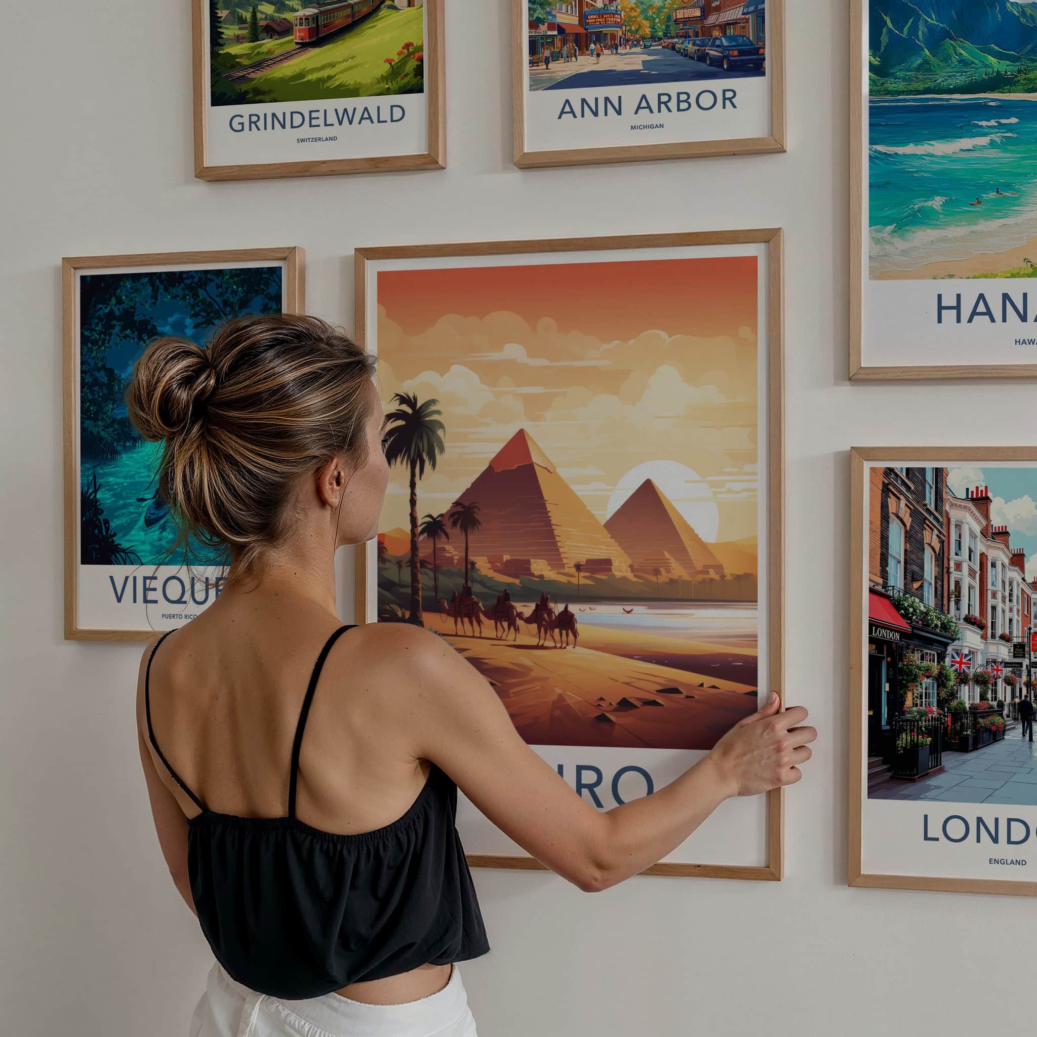 Cairo Poster - Egypt Travel Art - Pyramids Sunset Camels Wall Decor