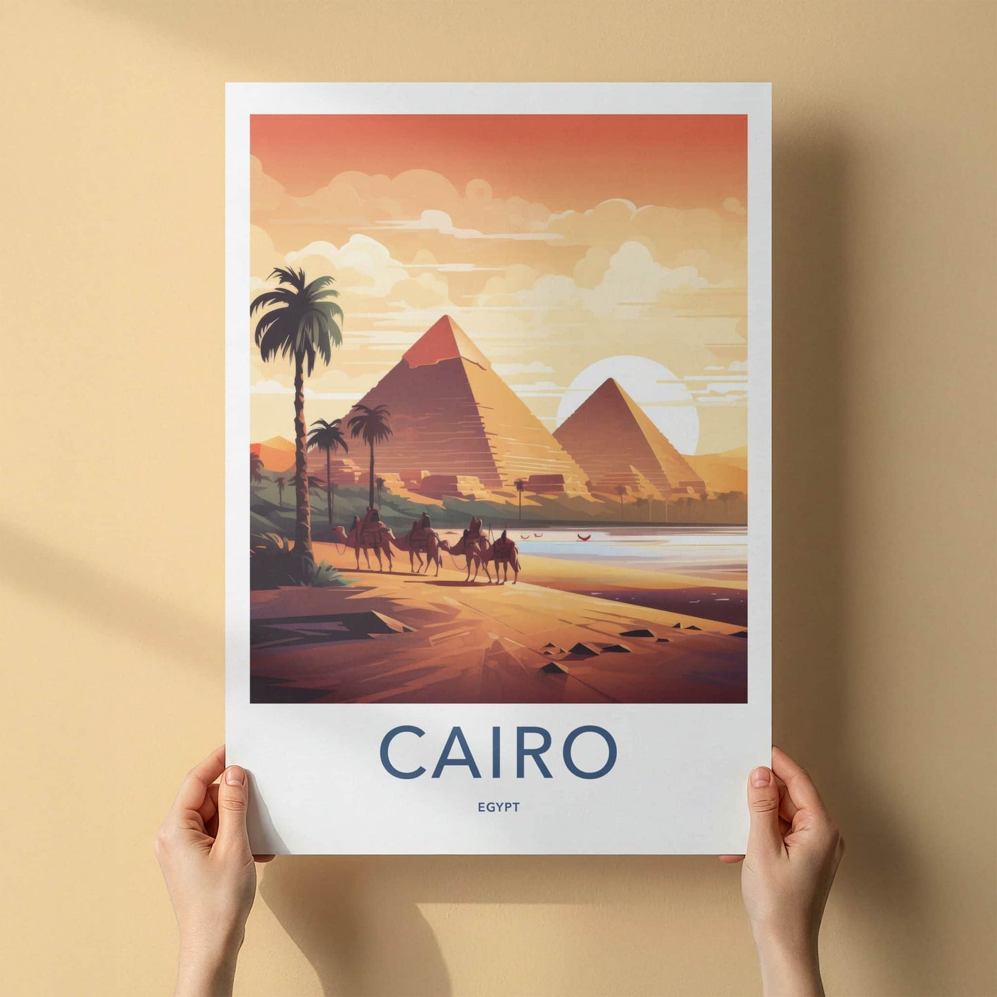 Cairo Poster - Egypt Travel Art - Pyramids Sunset Camels Wall Decor
