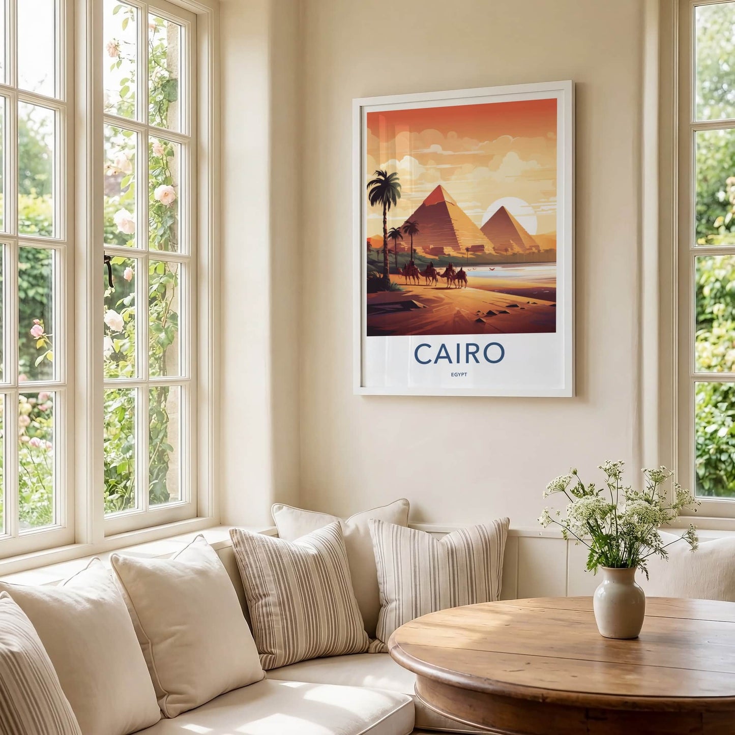 Cairo Poster - Egypt Travel Art - Pyramids Sunset Camels Wall Decor
