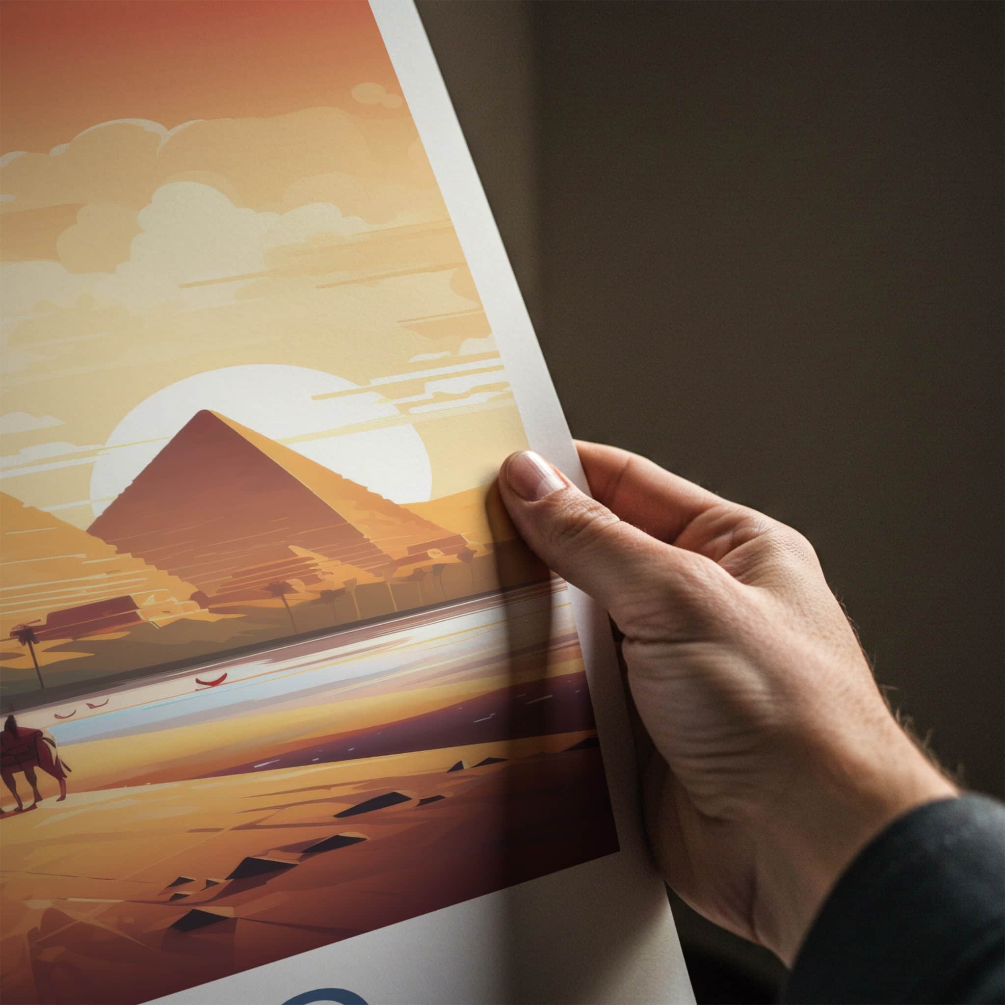 Cairo Poster - Egypt Travel Art - Pyramids Sunset Camels Wall Decor