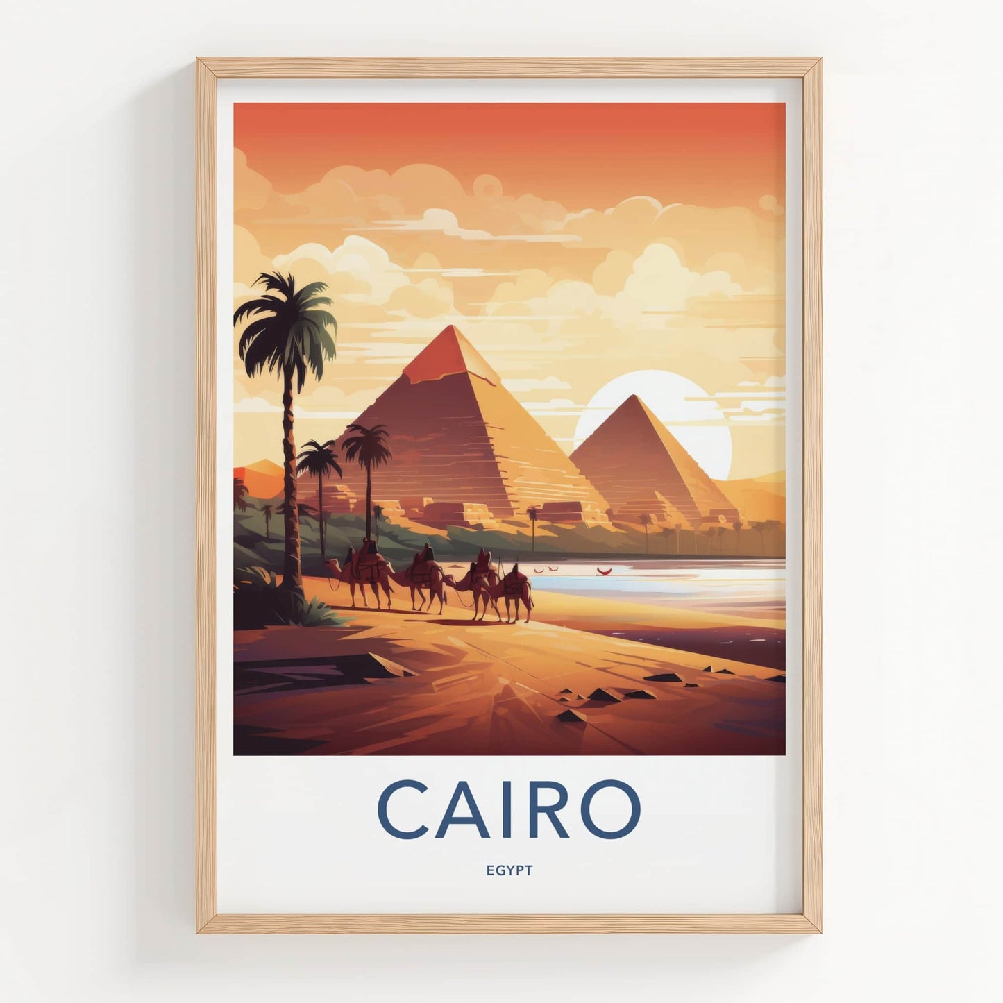 Cairo Poster - Egypt Travel Art - Pyramids Sunset Camels Wall Decor