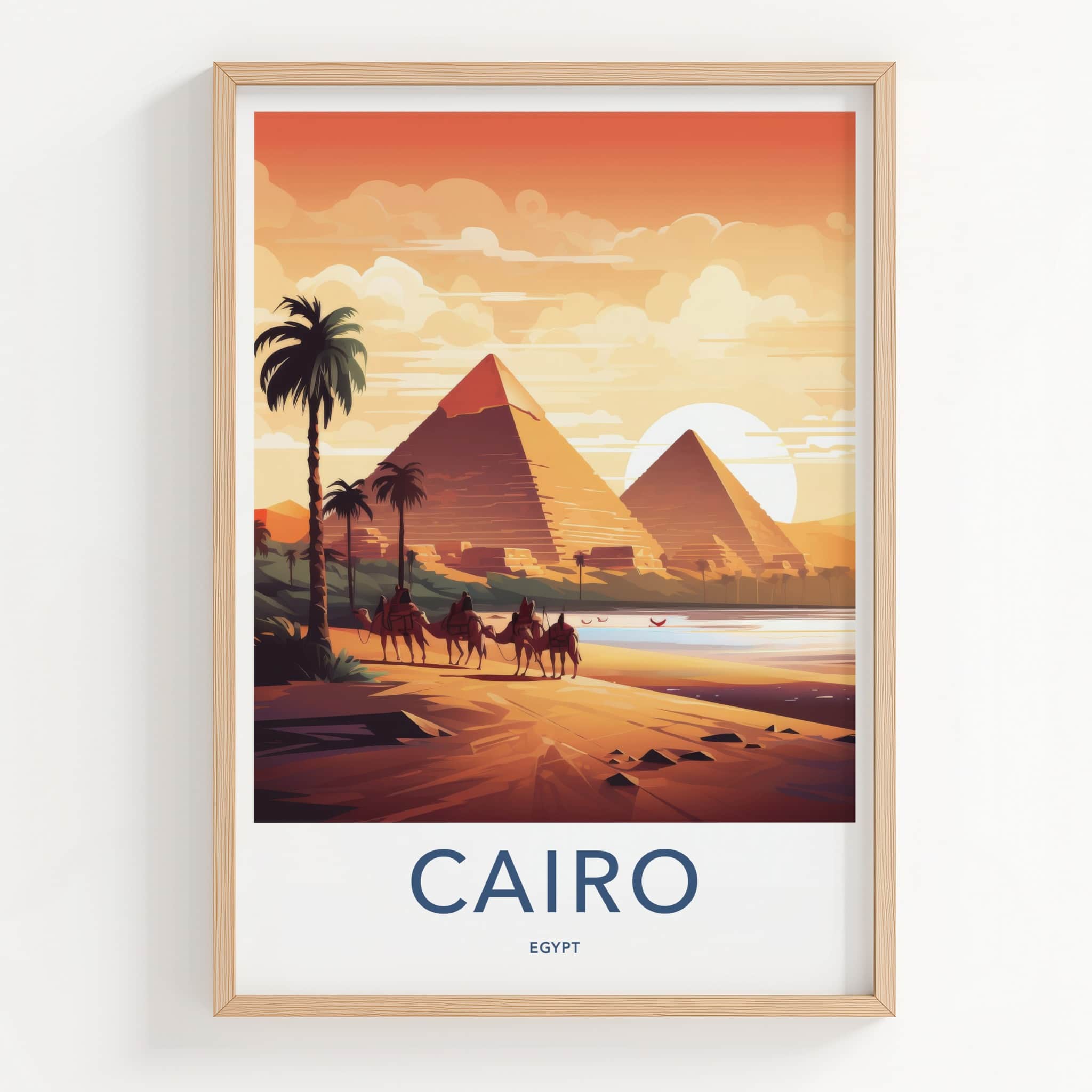 Cairo Poster - Egypt Travel Art - Pyramids Sunset Camels Wall Decor