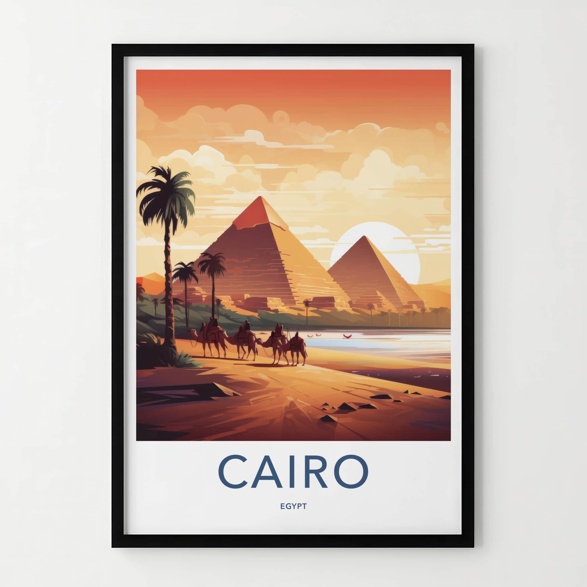Cairo Poster - Egypt Travel Art - Pyramids Sunset Camels Wall Decor