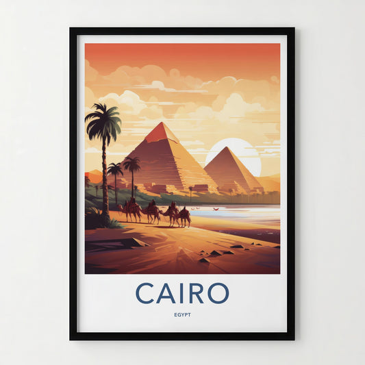 Cairo Poster - Egypt Travel Art - Pyramids Sunset Camels Wall Decor