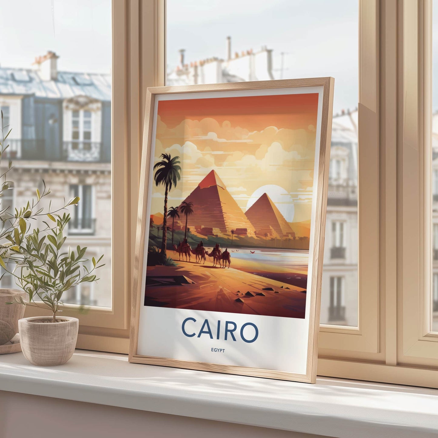 Cairo Poster - Egypt Travel Art - Pyramids Sunset Camels Wall Decor