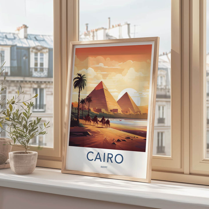 Cairo Poster - Egypt Travel Art - Pyramids Sunset Camels Wall Decor