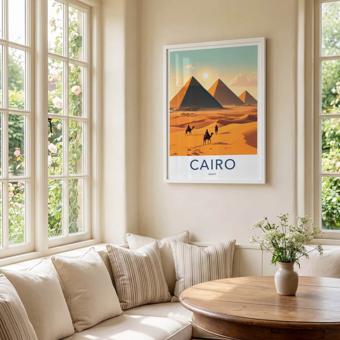 Cairo Poster - Egypt Travel Art - Sunlit Desert Pyramids Home Decor