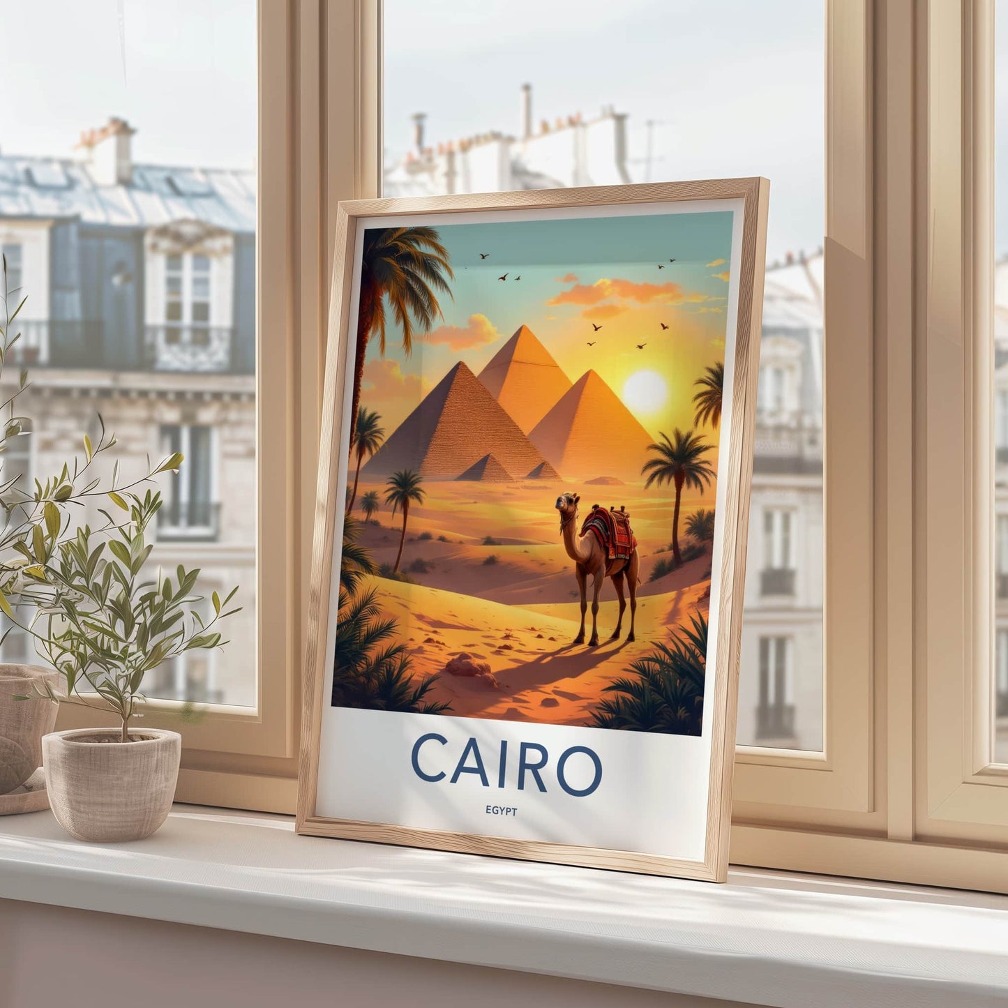 Cairo Poster - Egypt Travel Art - Sunset Desert Pyramids Home Decor