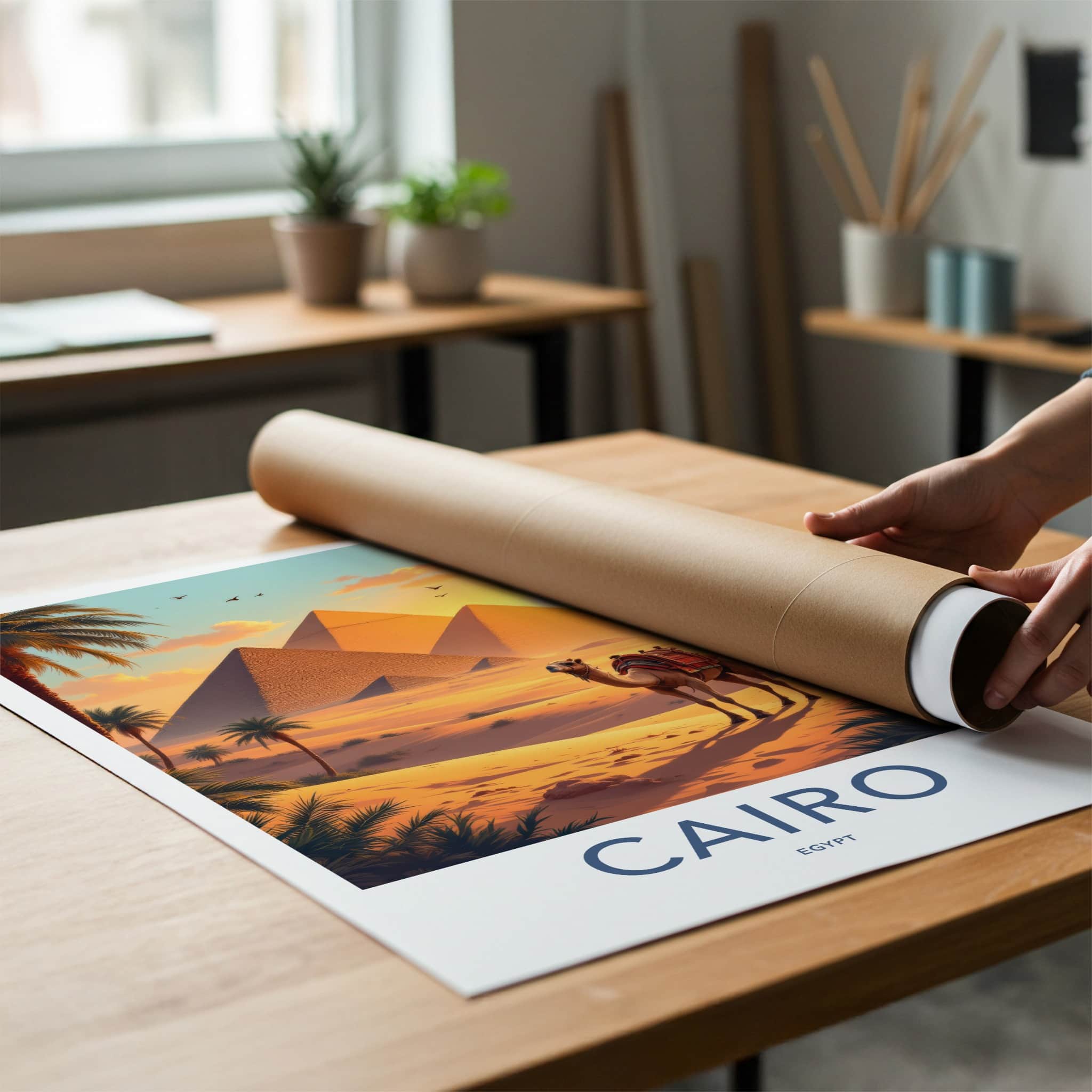 Cairo Poster - Egypt Travel Art - Sunset Desert Pyramids Home Decor