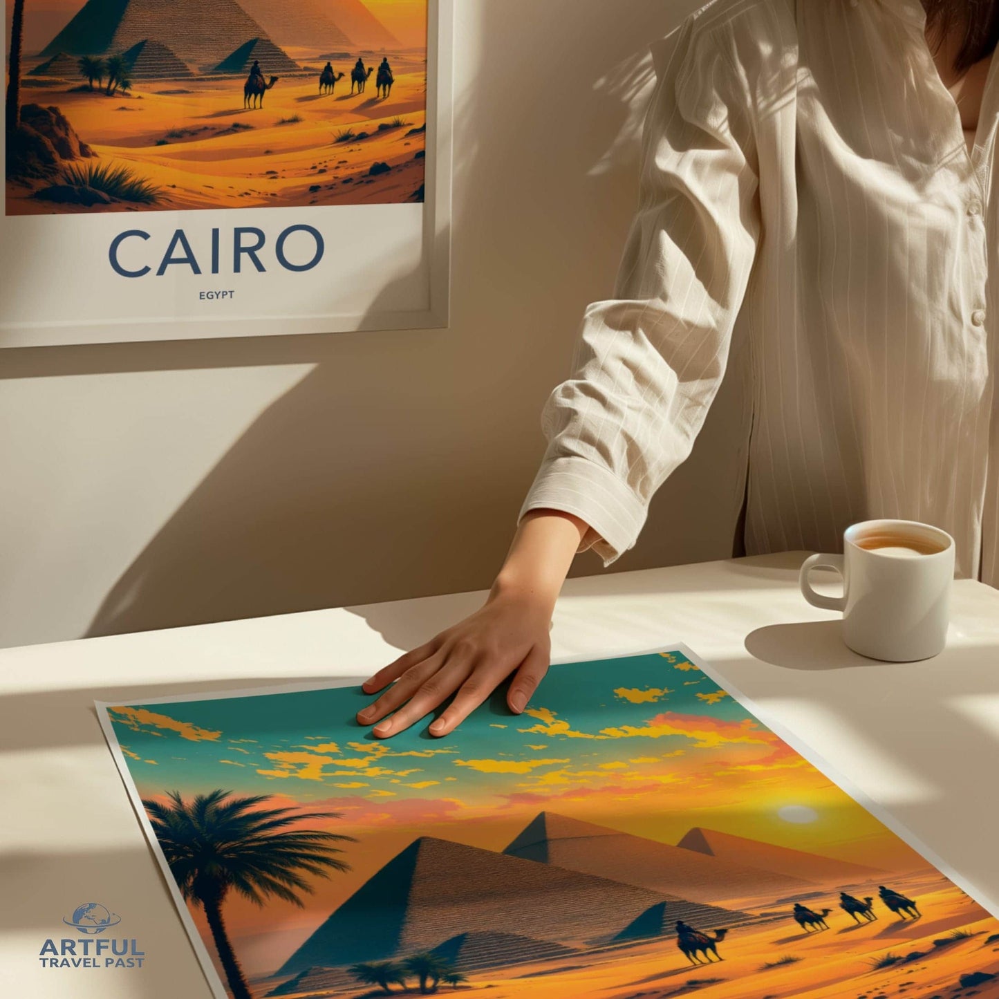 Cairo Poster - Egypt Travel Art - Sunset Desert Pyramids Home Decor