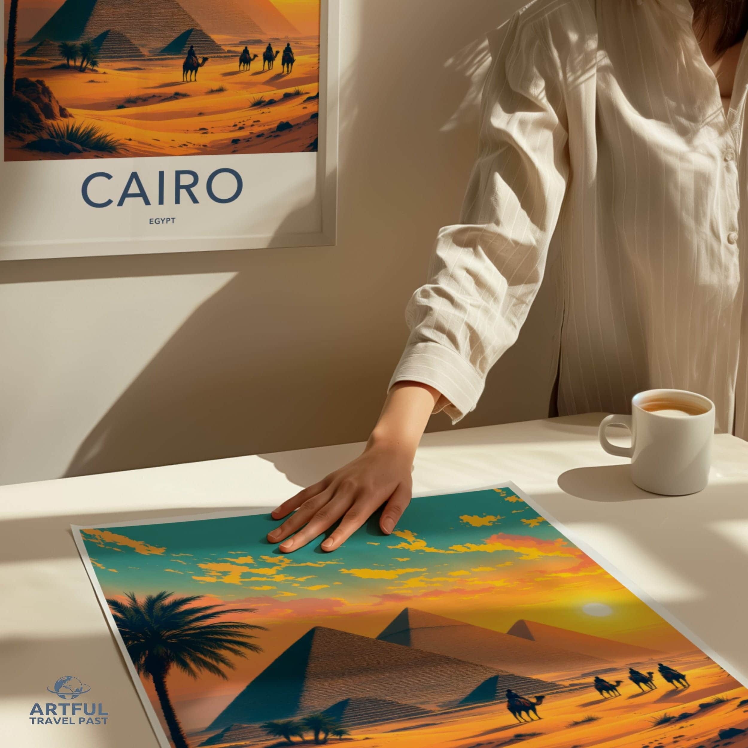 Cairo Poster - Egypt Travel Art - Sunset Desert Pyramids Home Decor