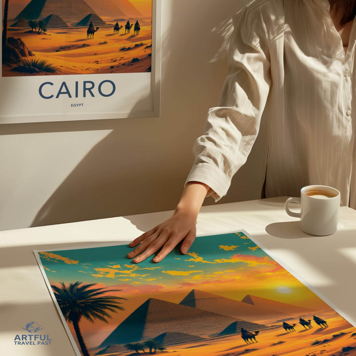 Cairo Poster - Egypt Travel Art - Sunset Desert Pyramids Home Decor