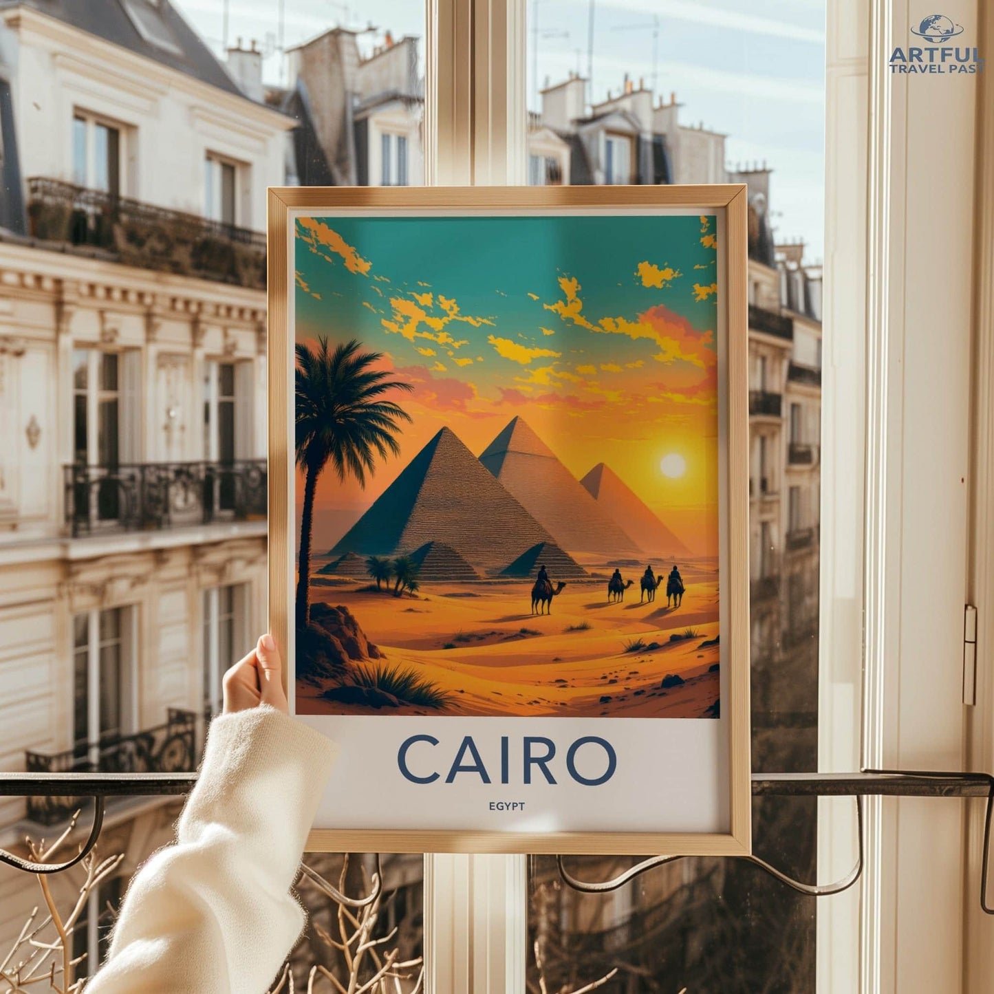 Cairo Poster - Egypt Travel Art - Sunset Desert Pyramids Home Decor