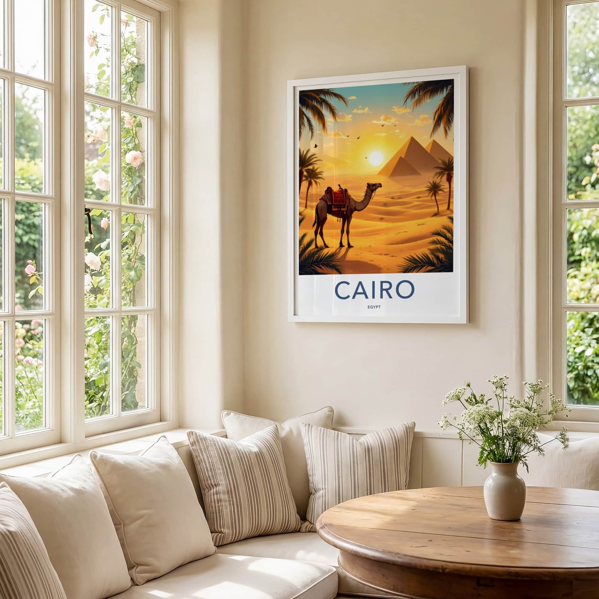 Cairo Poster - Egypt Travel Print - Desert Pyramids Camel Home Decor
