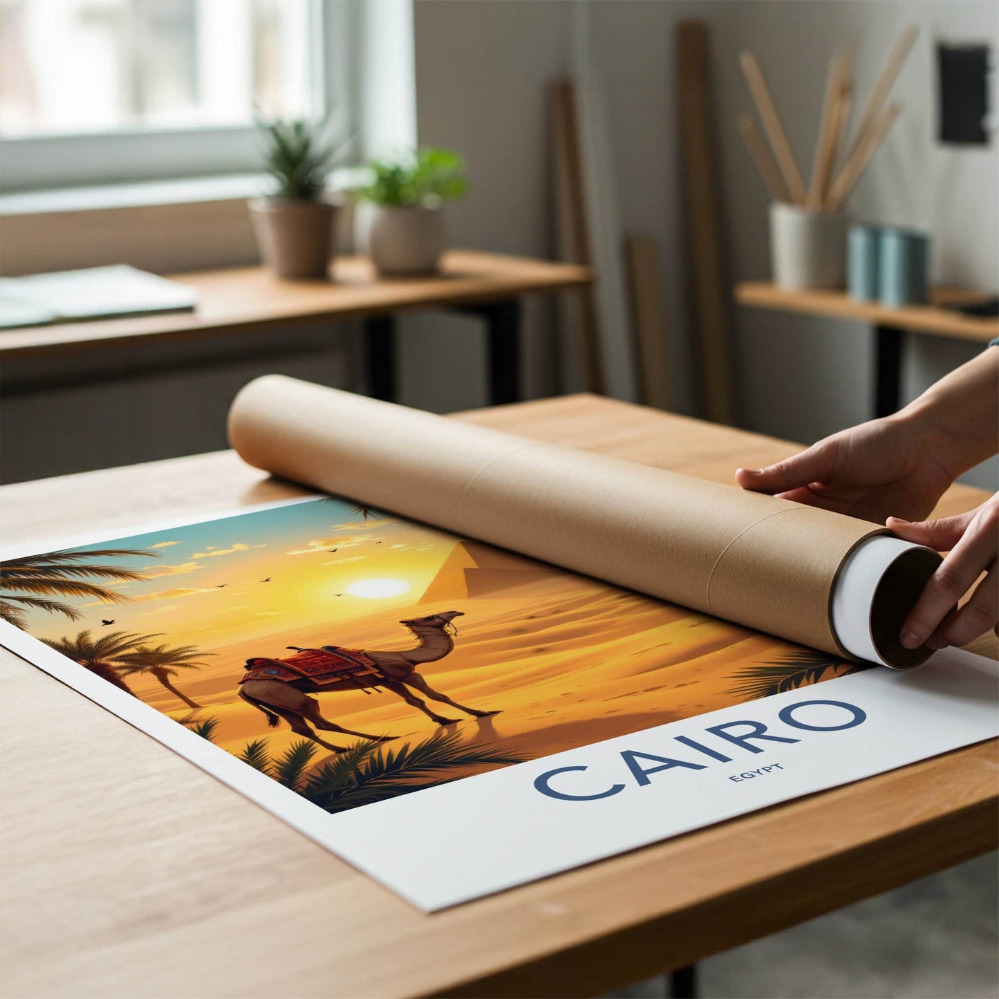 Cairo Poster - Egypt Travel Print - Desert Pyramids Camel Home Decor