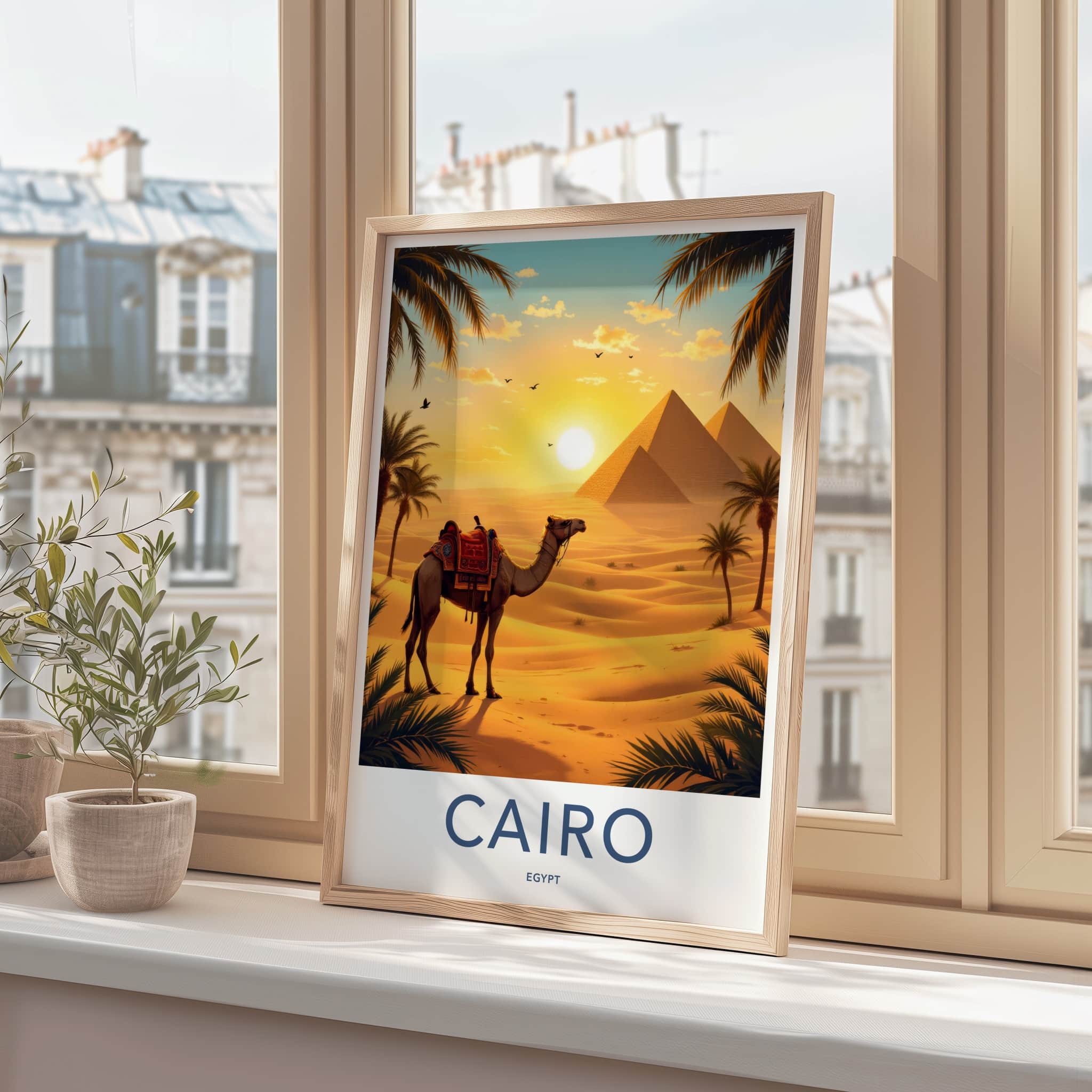 Cairo Poster - Egypt Travel Print - Desert Pyramids Camel Home Decor
