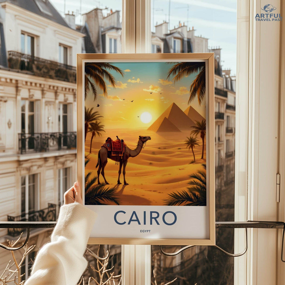 Cairo Poster - Egypt Travel Print - Desert Pyramids Camel Home Decor