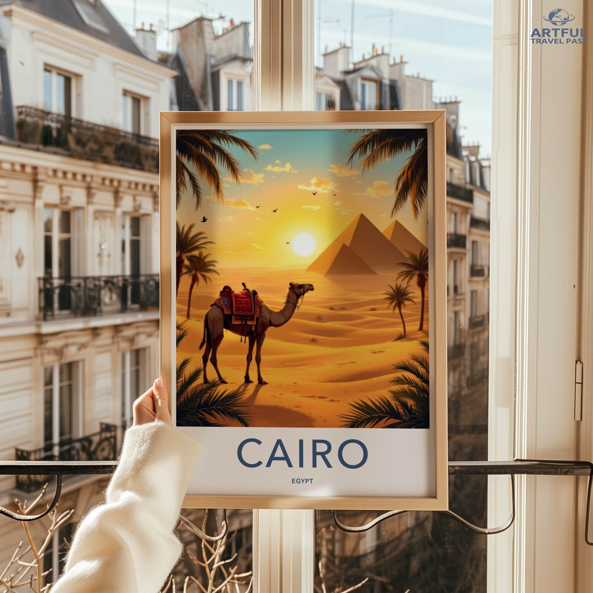 Cairo Poster - Egypt Travel Print - Desert Pyramids Camel Home Decor
