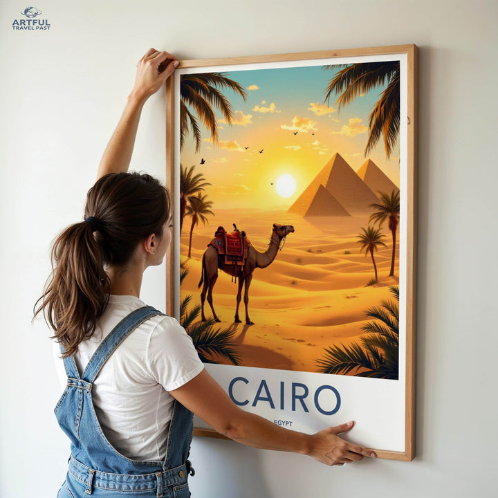 Cairo Poster - Egypt Travel Print - Desert Pyramids Camel Home Decor