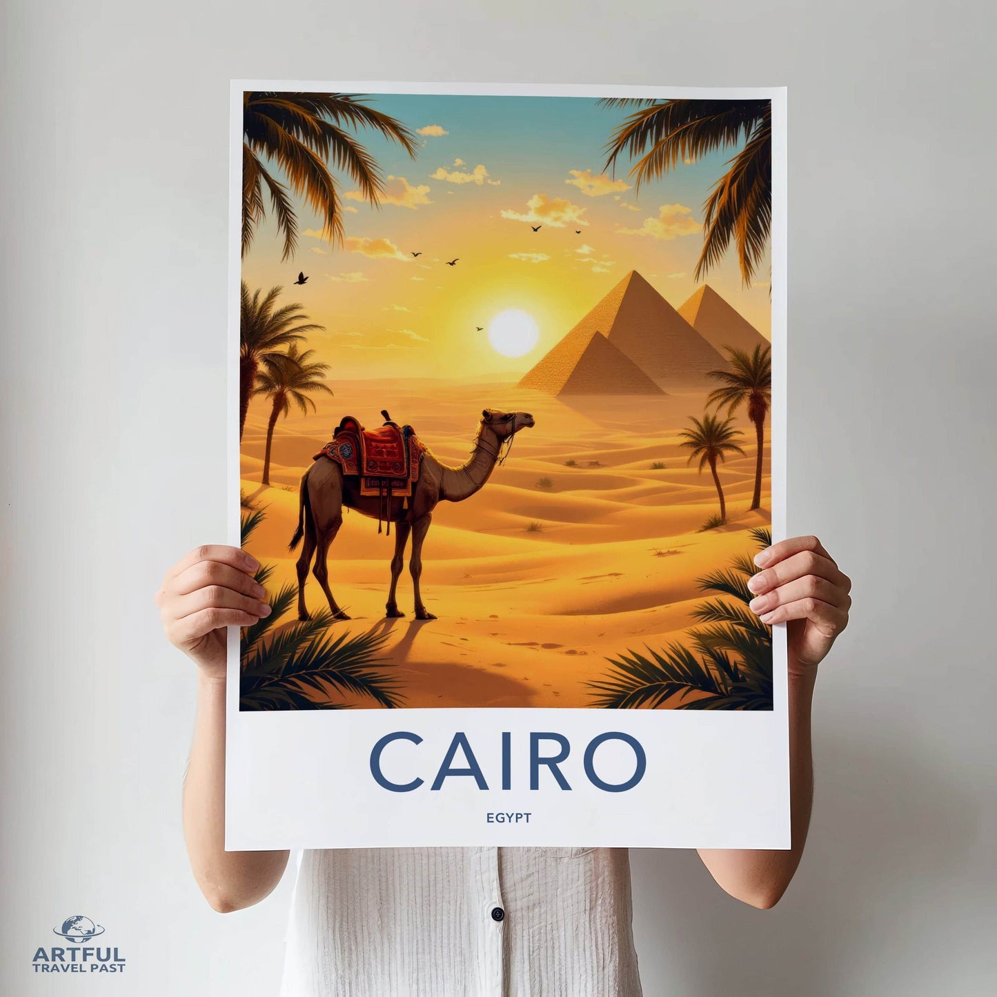 Cairo Poster - Egypt Travel Print - Desert Pyramids Camel Home Decor