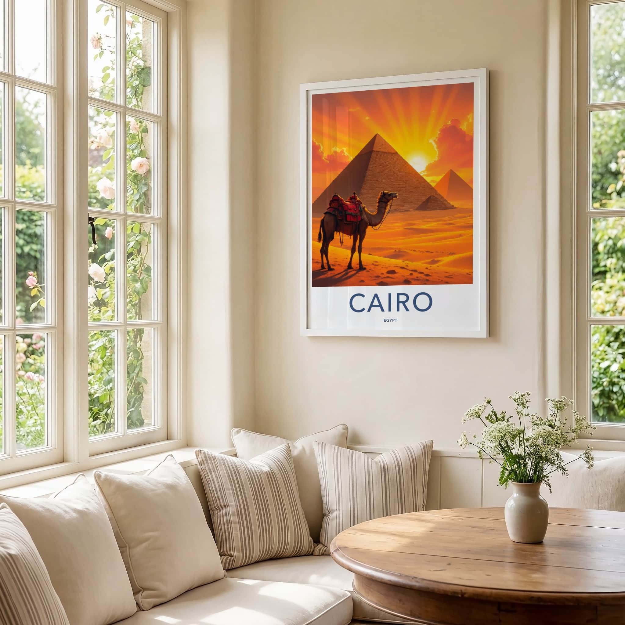 Cairo Poster - Egypt Travel Print - Sunset Desert Camel Lounge Decor