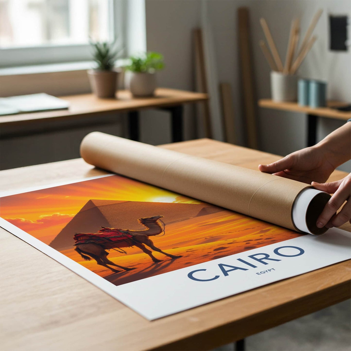 Cairo Poster - Egypt Travel Print - Sunset Desert Camel Lounge Decor