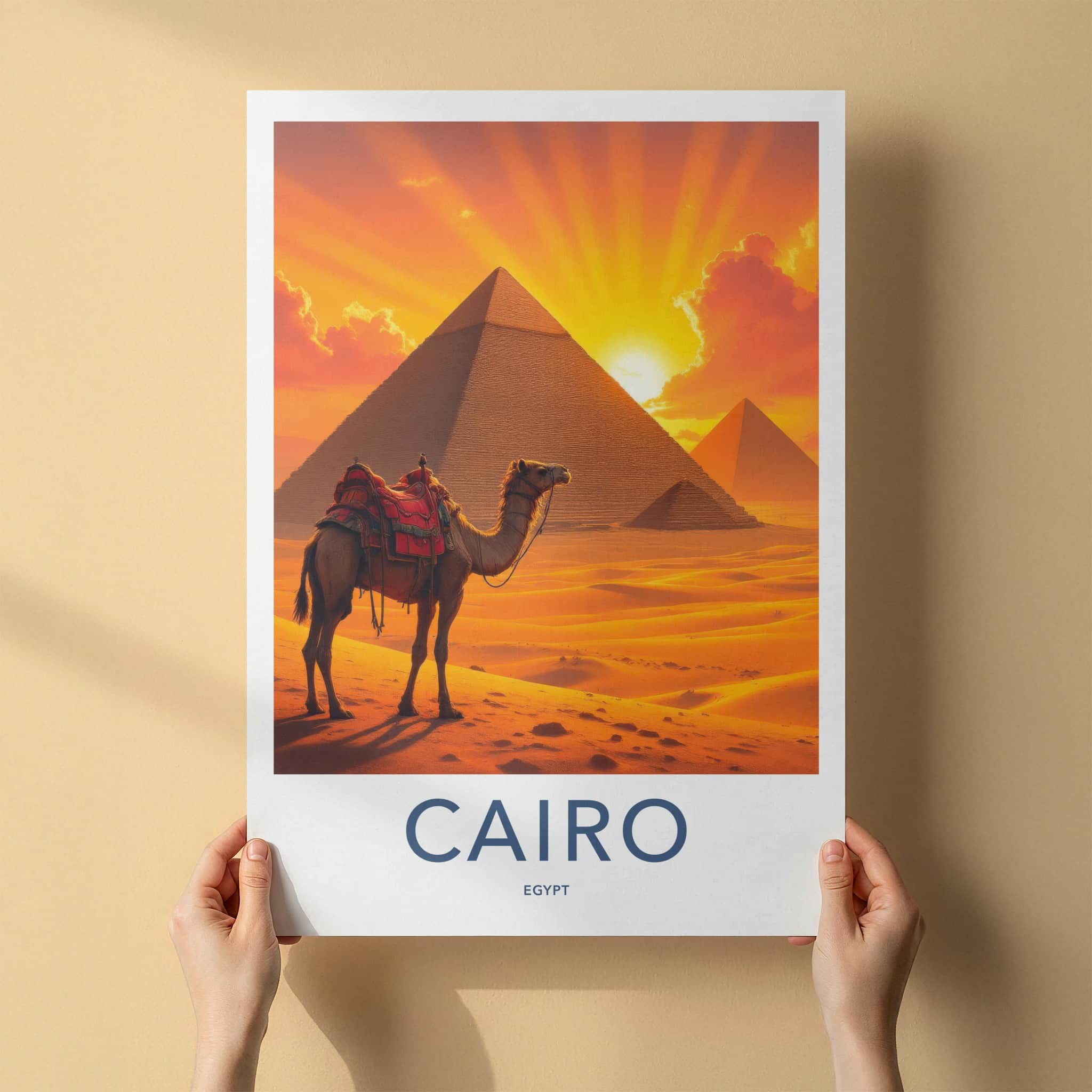 Cairo Poster - Egypt Travel Print - Sunset Desert Camel Lounge Decor