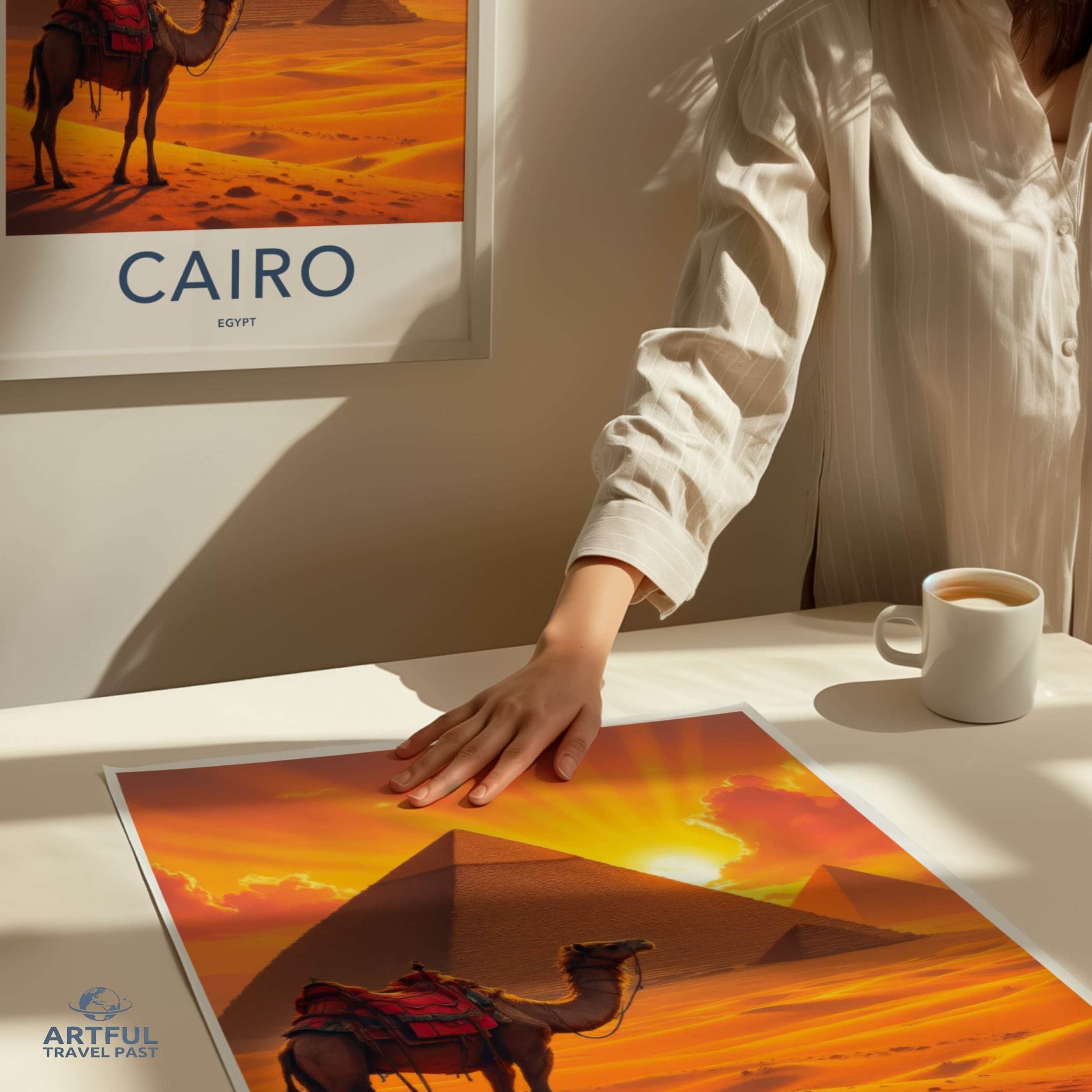 Cairo Poster - Egypt Travel Print - Sunset Desert Camel Lounge Decor