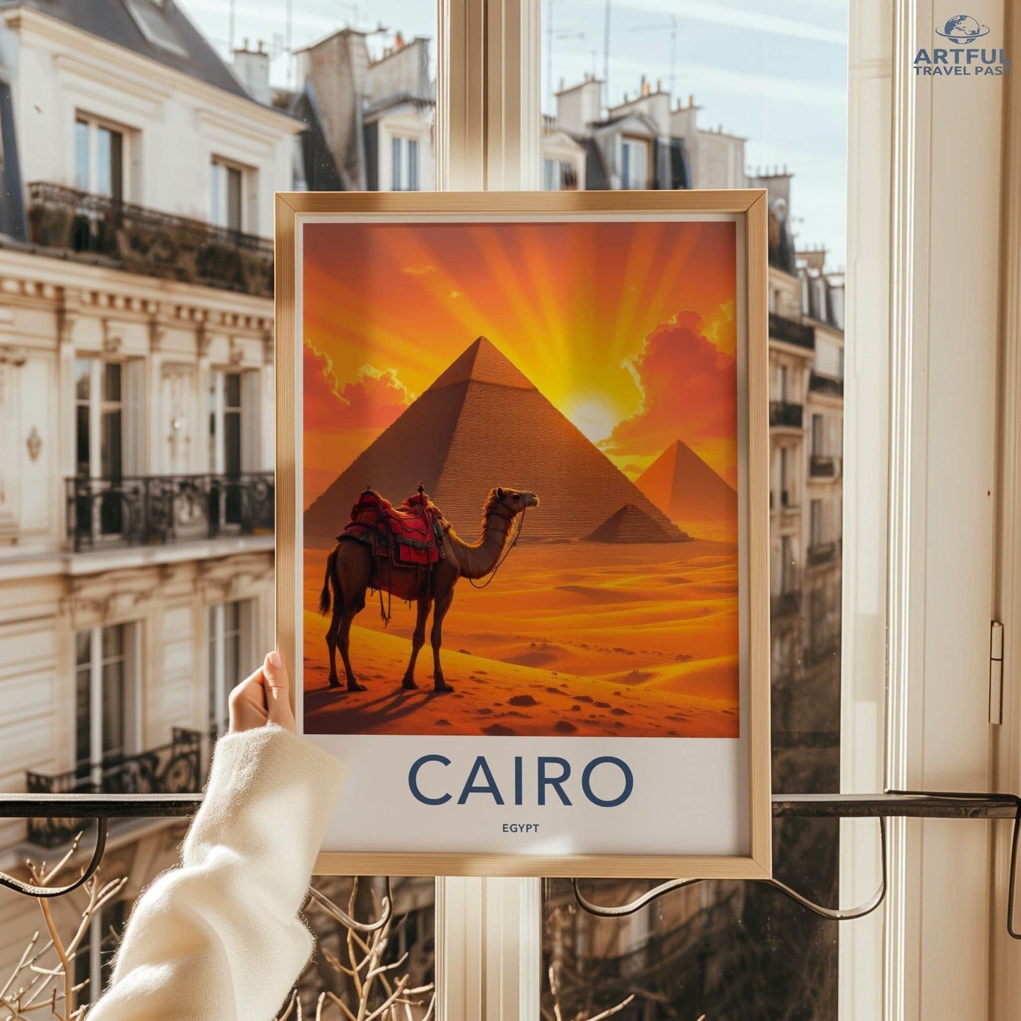 Cairo Poster - Egypt Travel Print - Sunset Desert Camel Lounge Decor