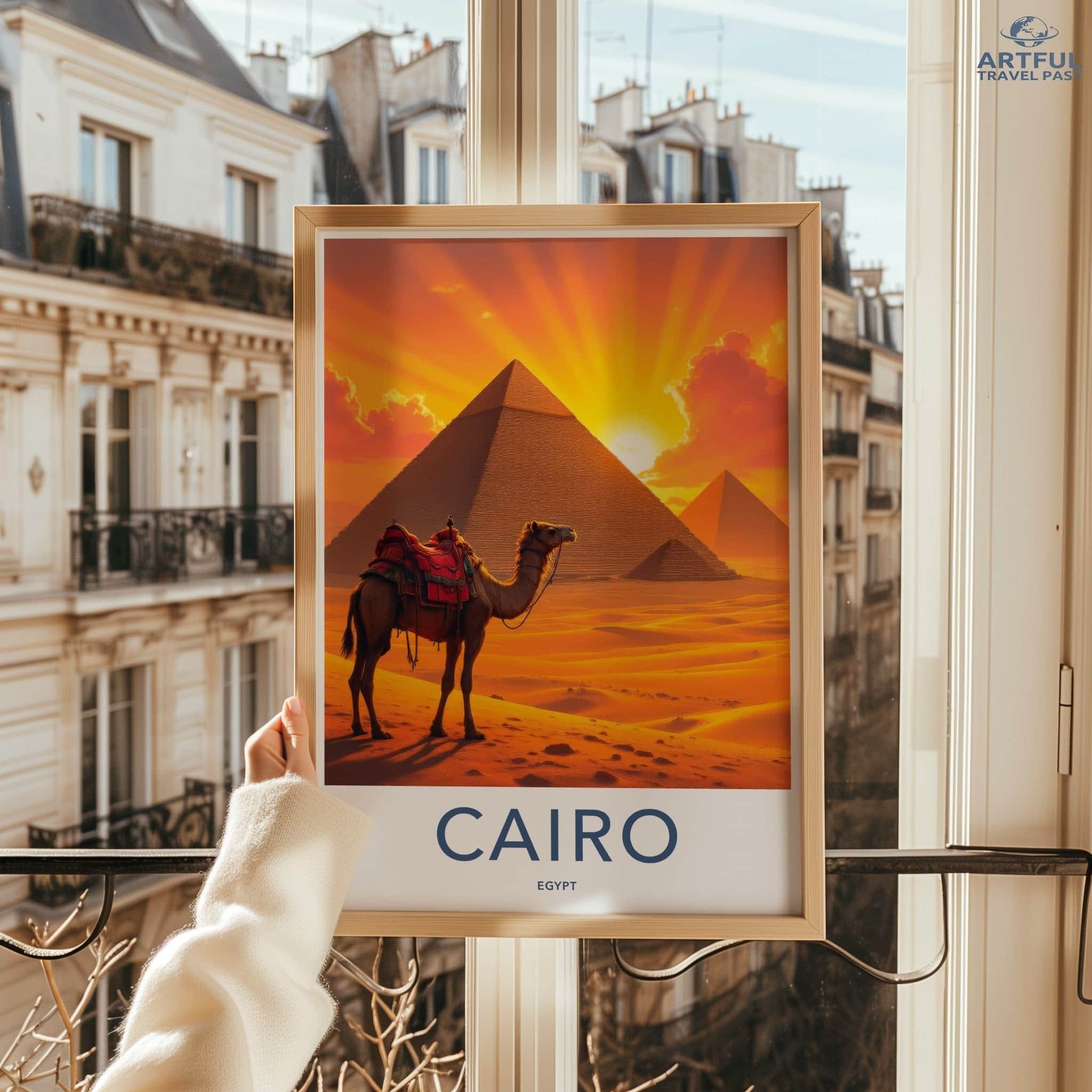 Cairo Poster - Egypt Travel Print - Sunset Desert Camel Lounge Decor