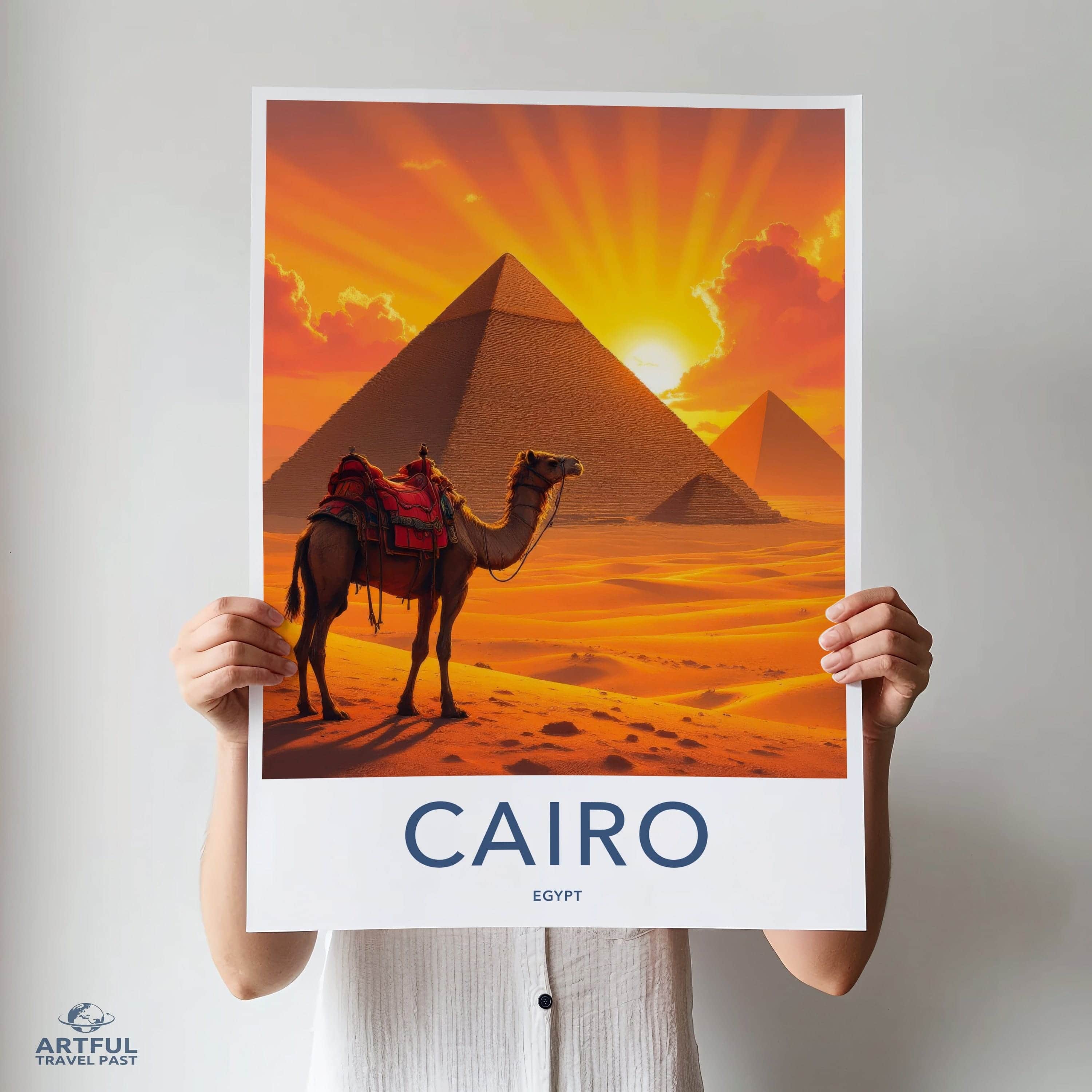 Cairo Poster - Egypt Travel Print - Sunset Desert Camel Lounge Decor