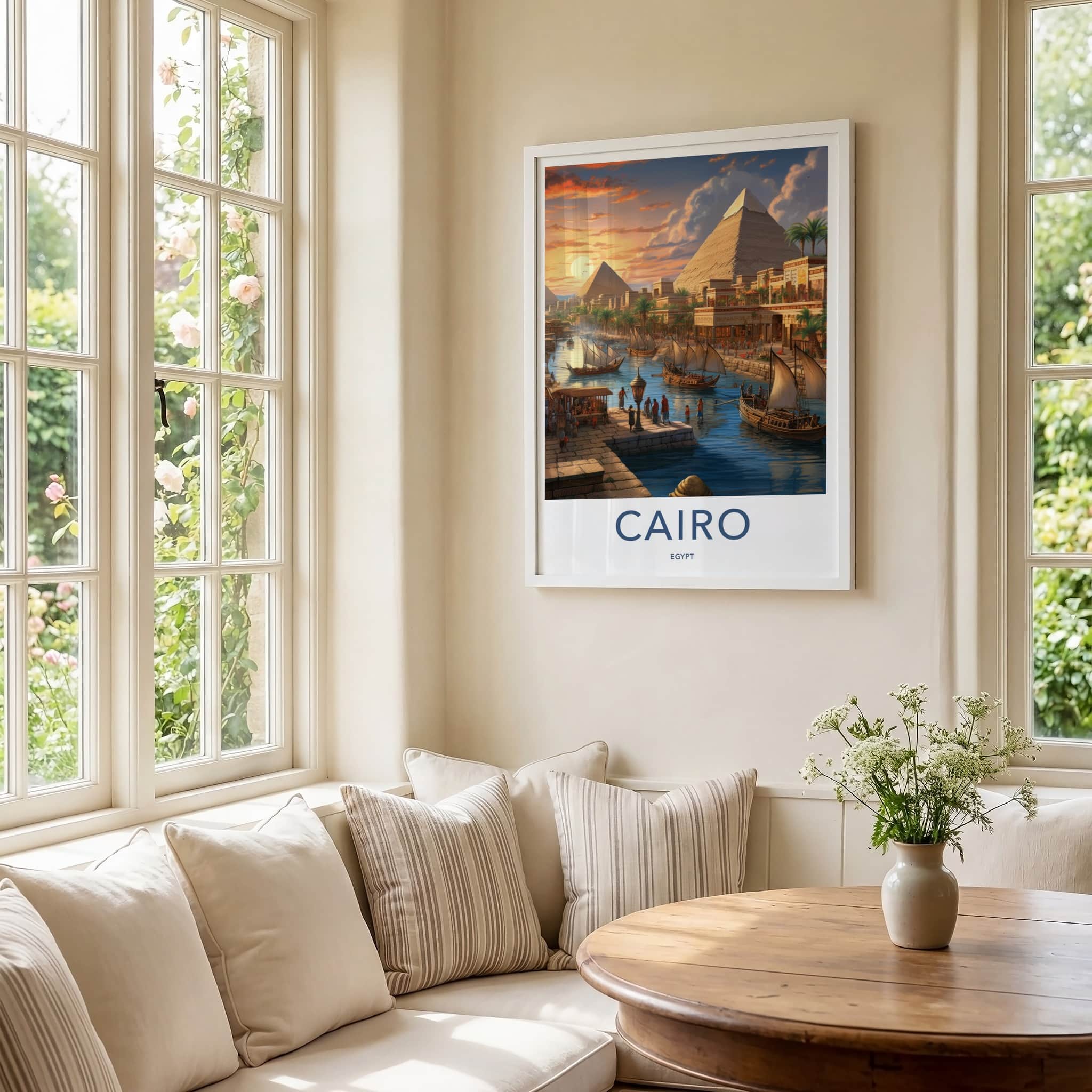 Cairo Poster - Egypt Wall Art - Sunset Pyramids Boats Home Decor