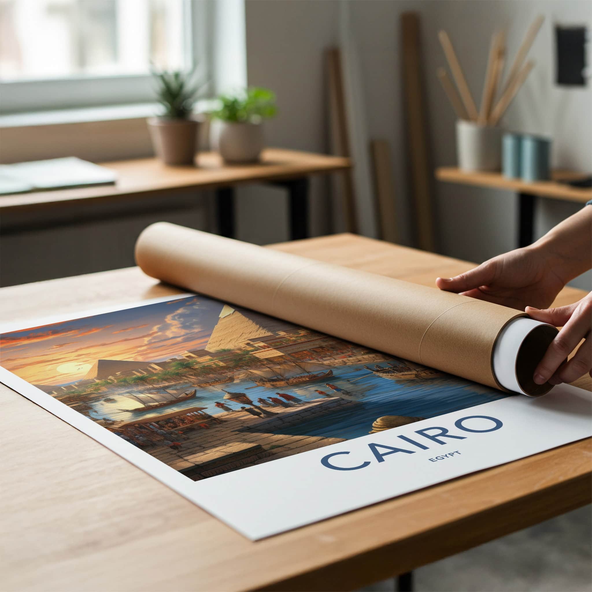 Cairo Poster - Egypt Wall Art - Sunset Pyramids Boats Home Decor