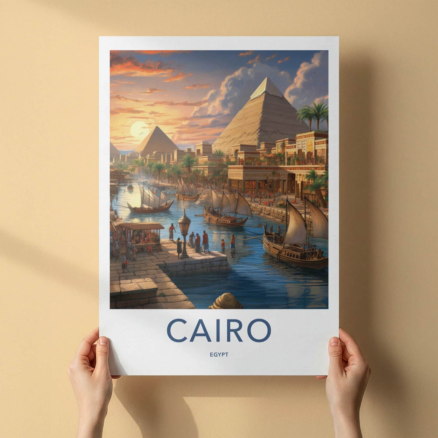 Cairo Poster - Egypt Wall Art - Sunset Pyramids Boats Home Decor