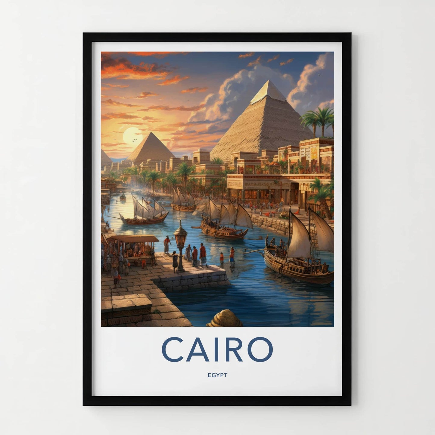 Cairo Poster - Egypt Wall Art - Sunset Pyramids Boats Home Decor