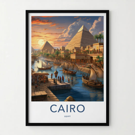 Cairo Poster - Egypt Wall Art - Sunset Pyramids Boats Home Decor