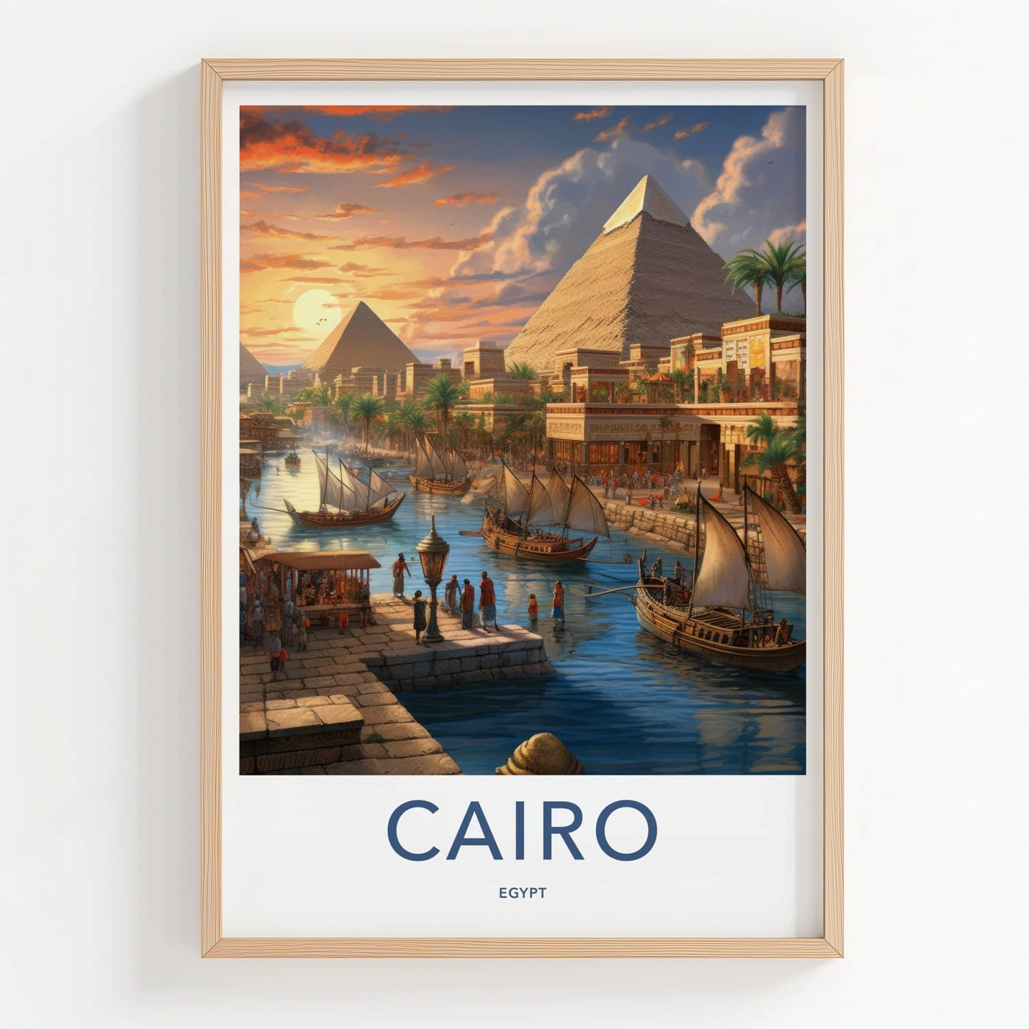 Cairo Poster - Egypt Wall Art - Sunset Pyramids Boats Home Decor